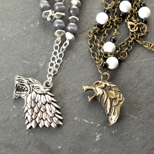 House Stark Dire Wolf Charm and Bead Necklace - Silver and Bronze versions