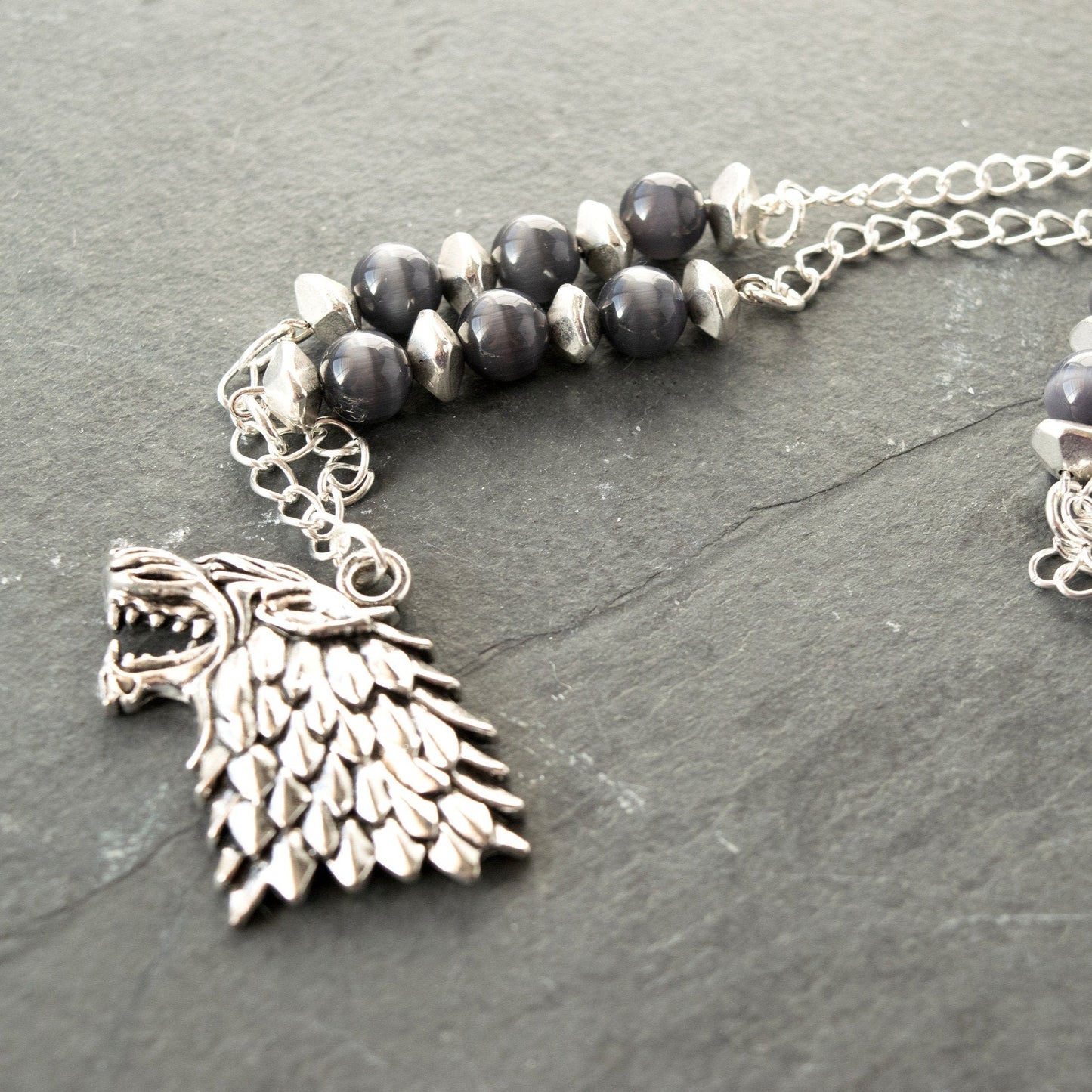 House Stark Dire Wolf Charm and Bead Necklace - Silver