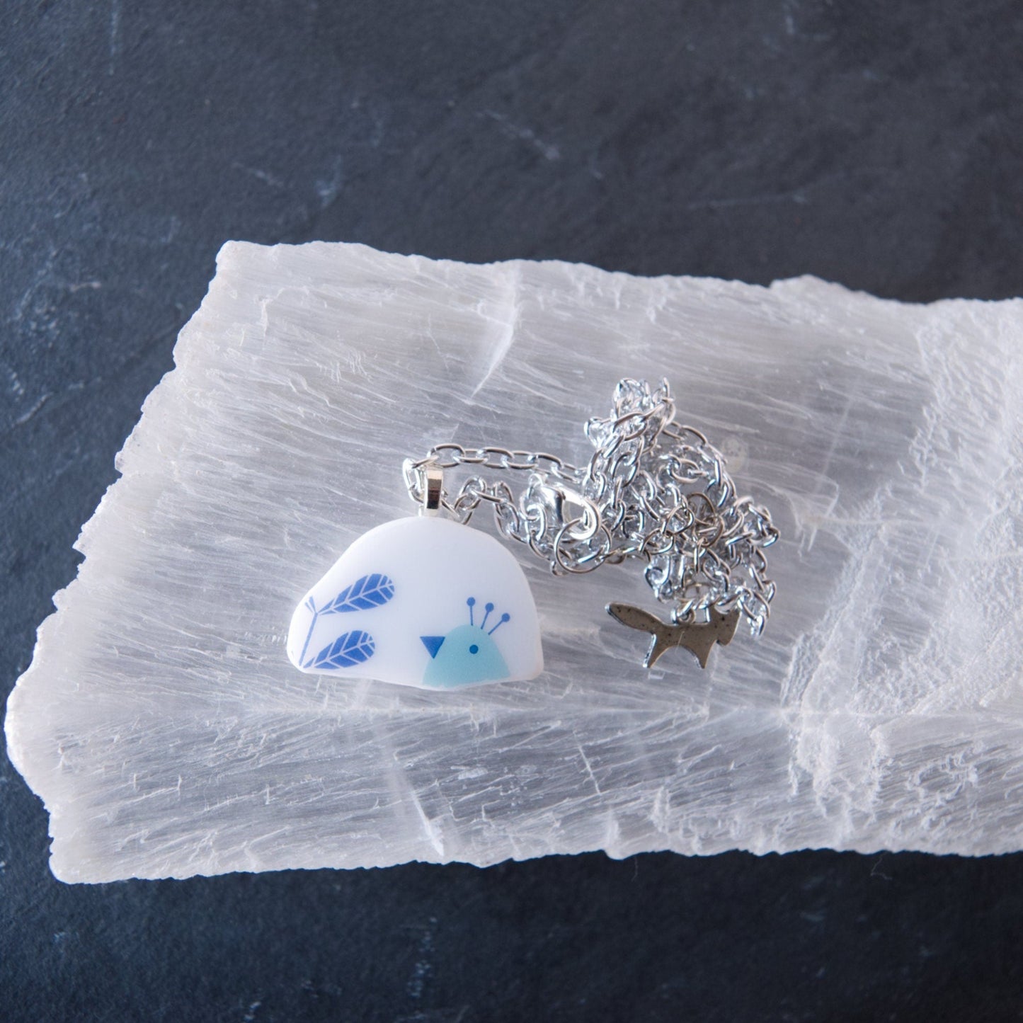 Wheat and Bird Repurposed Glass Pendant Necklace