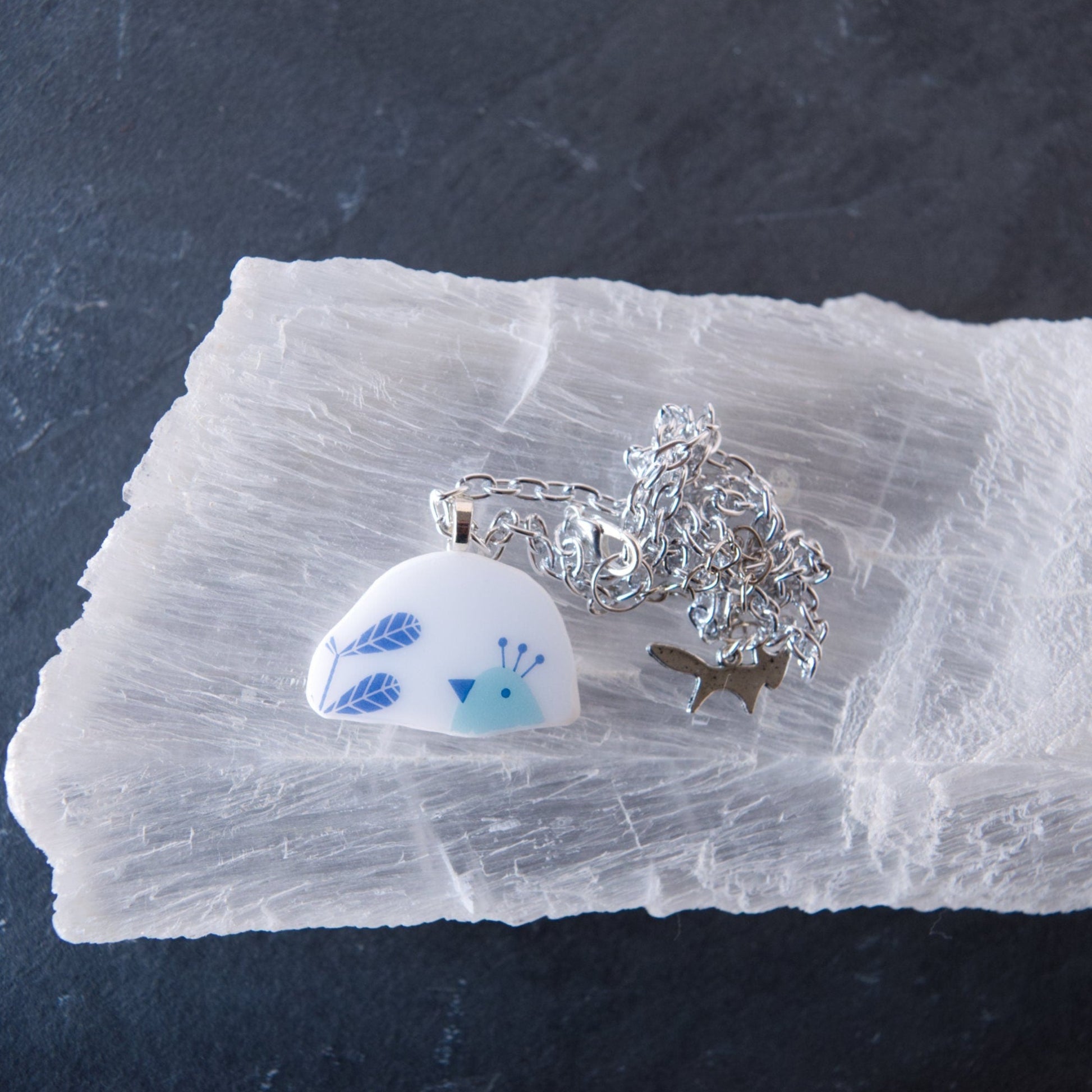 Wheat and Bird Repurposed Glass Pendant Necklace