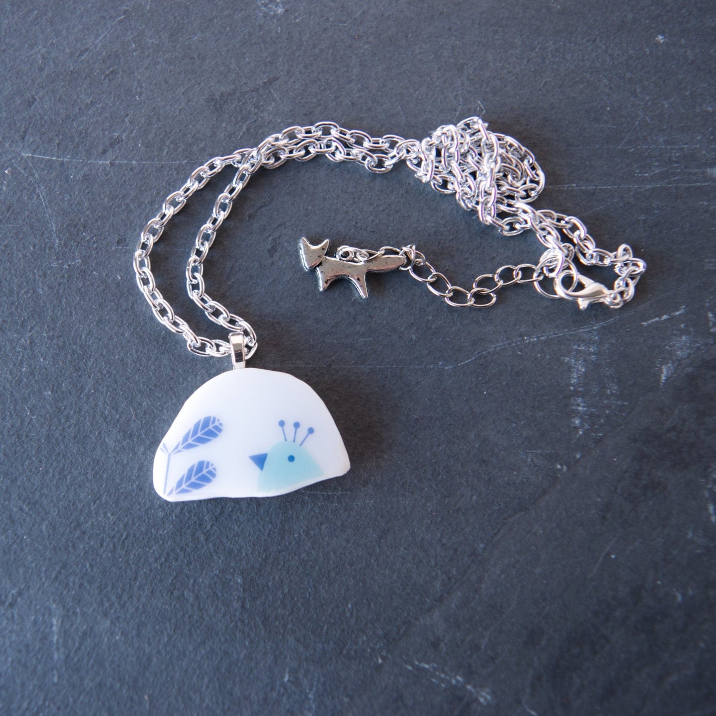 Wheat and Bird Repurposed Glass Pendant Necklace