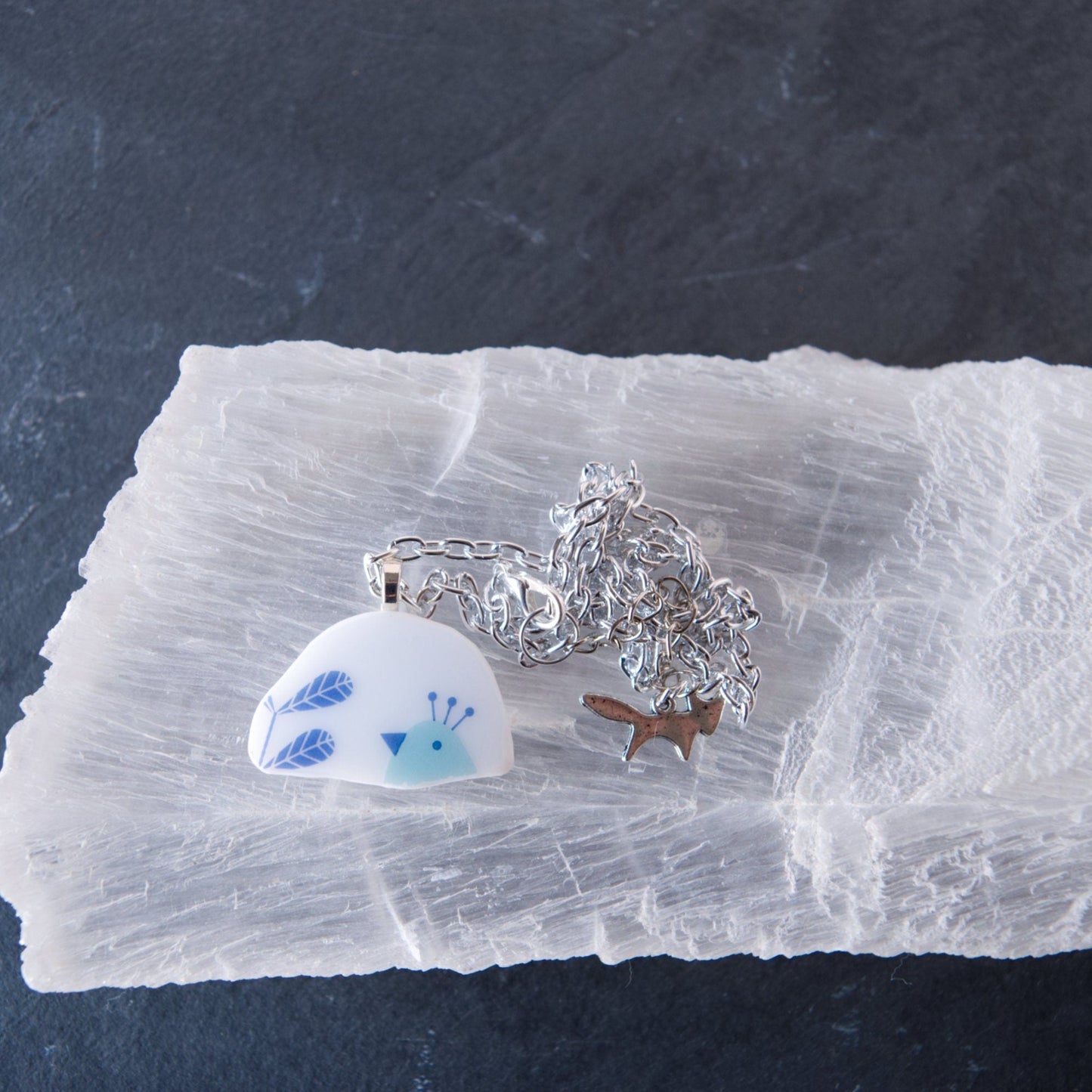 Wheat and Bird Repurposed Glass Pendant Necklace