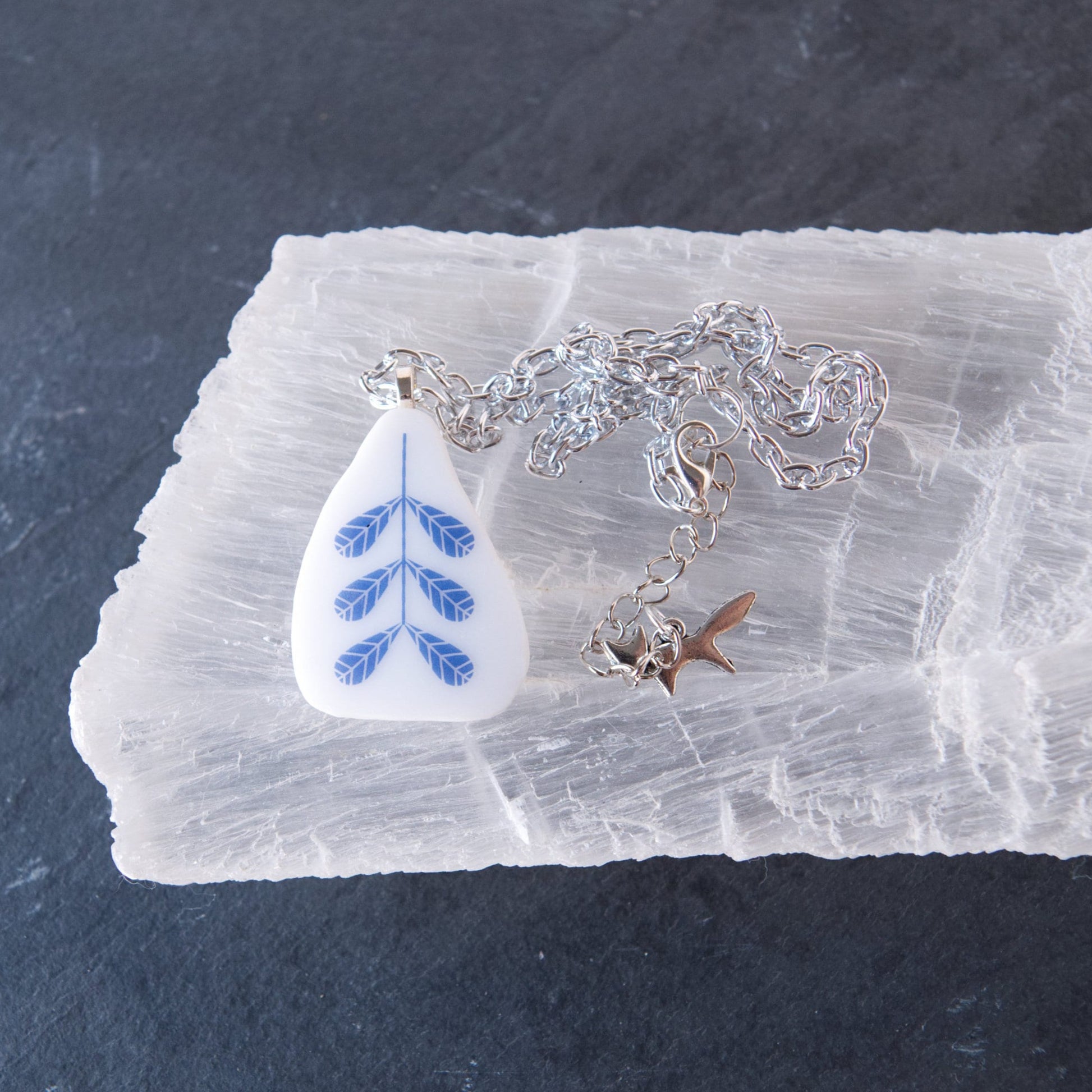 Blue Wheat Mid-Century Style Repurposed Glass Pendant Necklace on Selenite