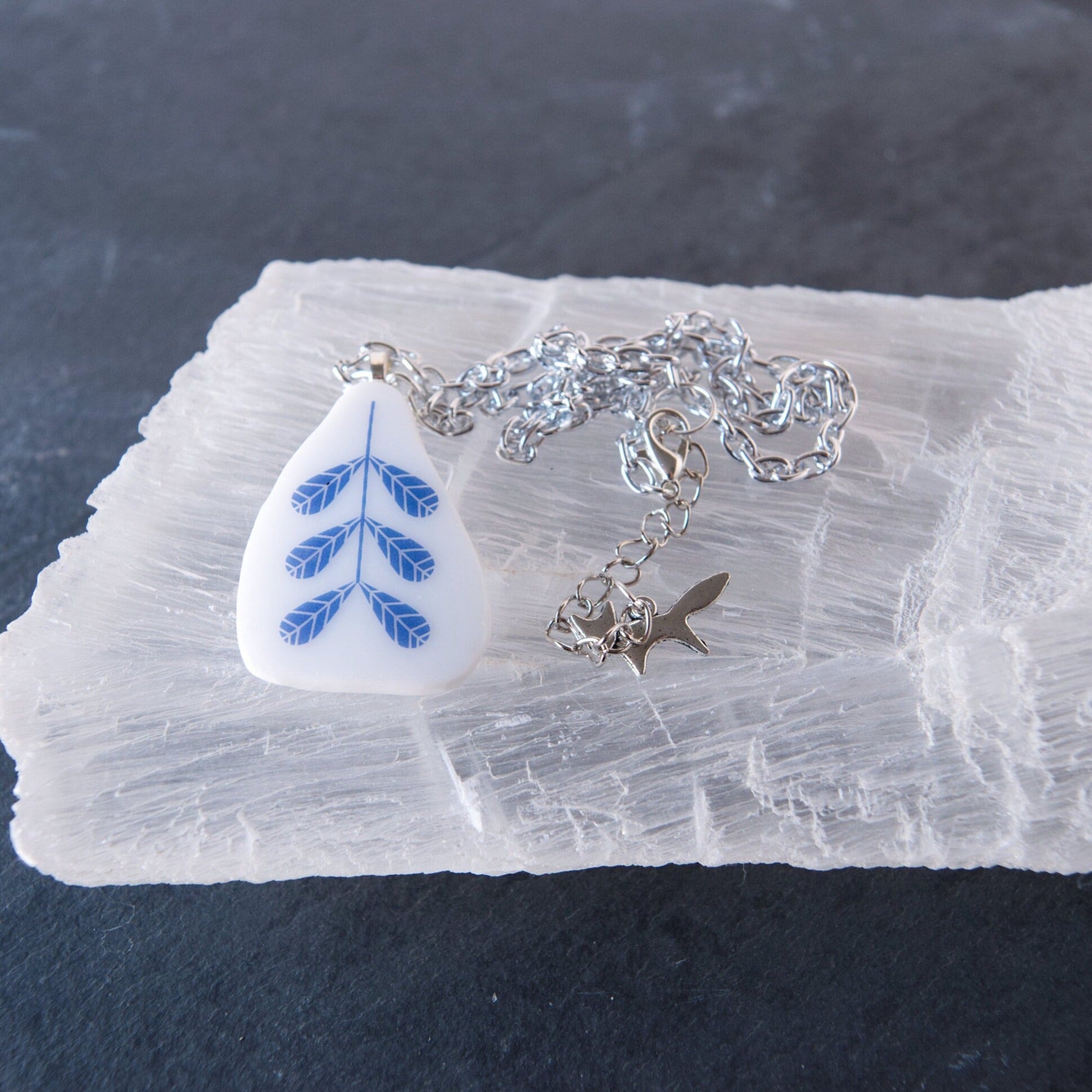 Blue Wheat Mid-Century Style Repurposed Glass Pendant Necklace