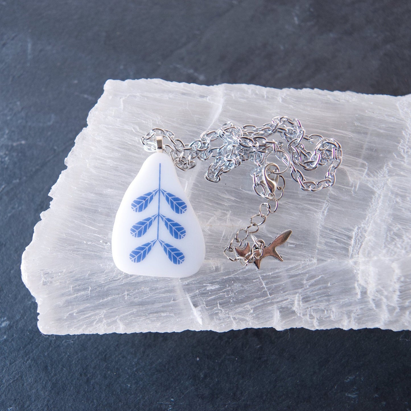 Blue Wheat Mid-Century Style Repurposed Glass Pendant Necklace