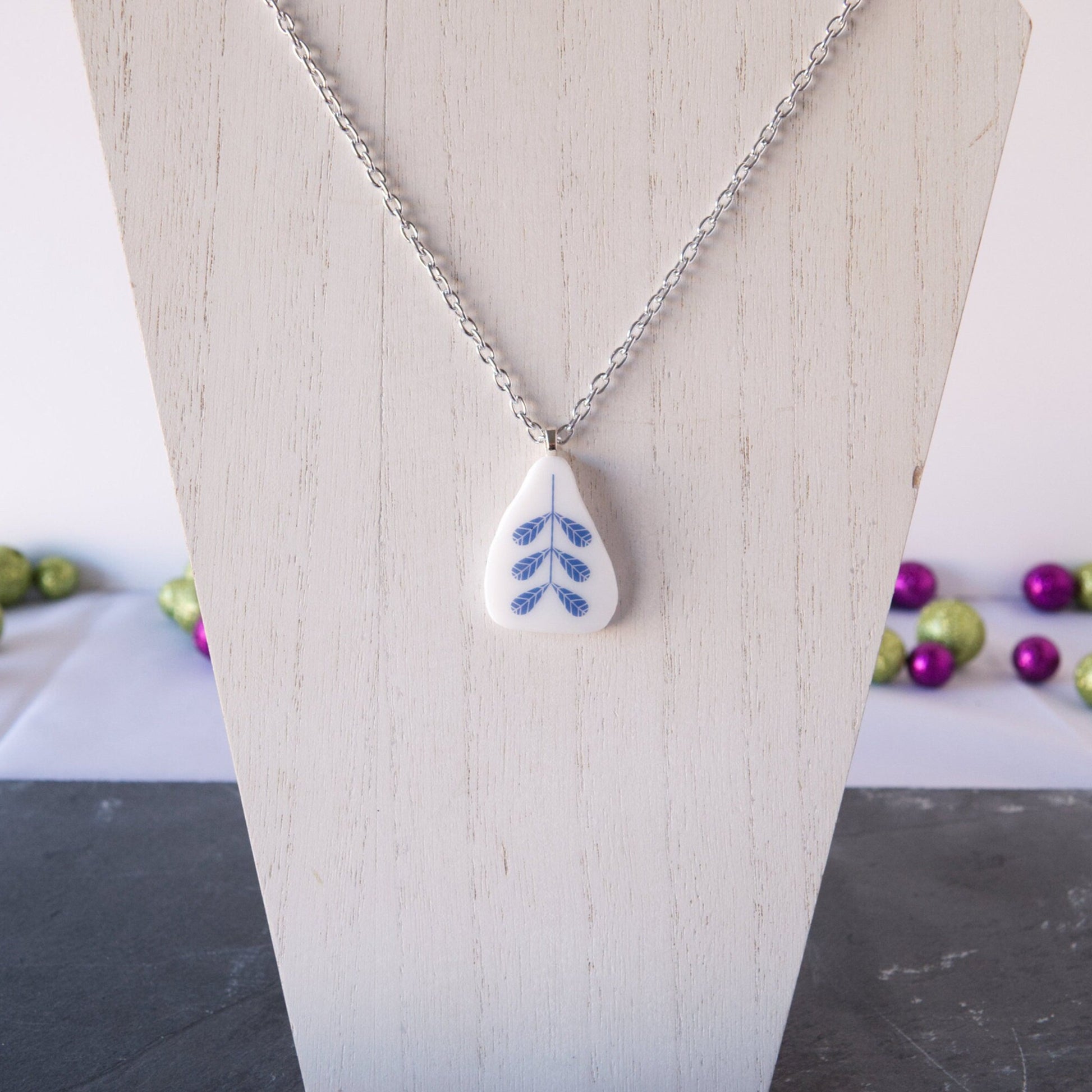 Blue Wheat Mid-Century Style Repurposed Glass Pendant Necklace