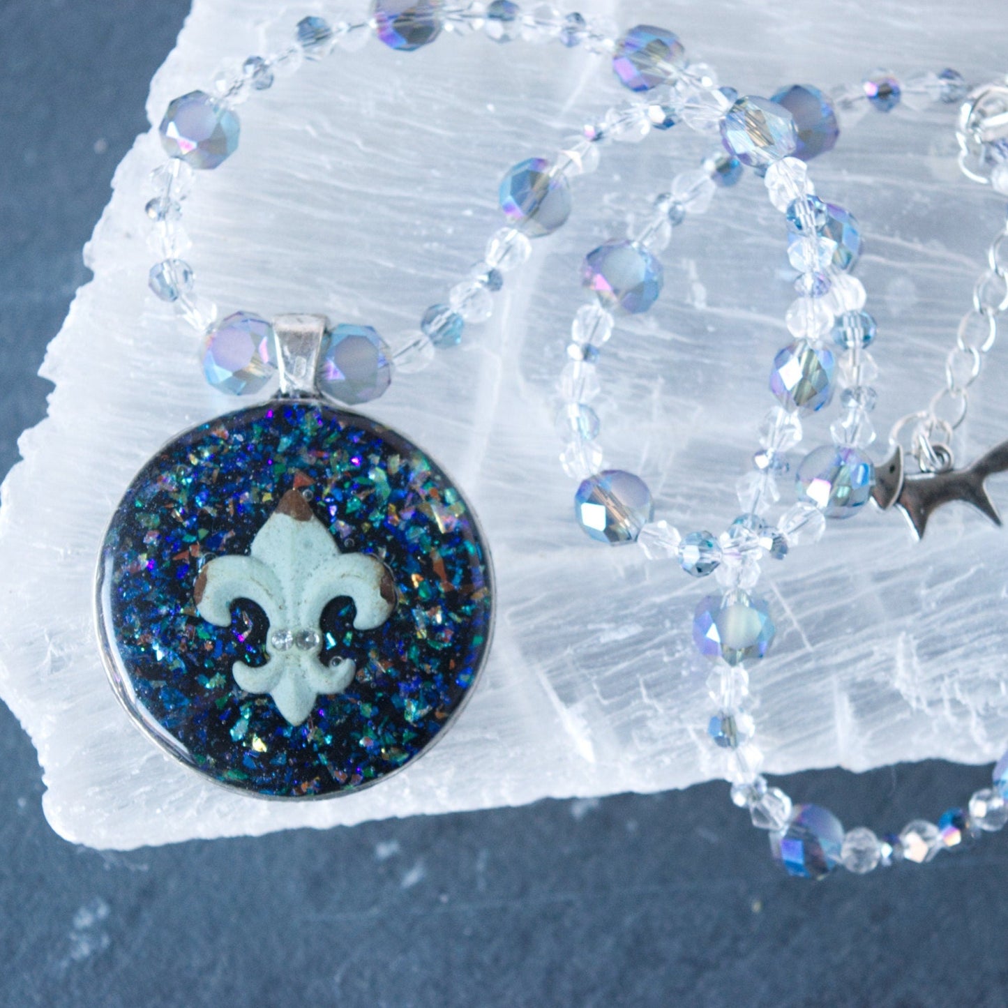 Fleur De Lis Clay Pendant Bead Necklace