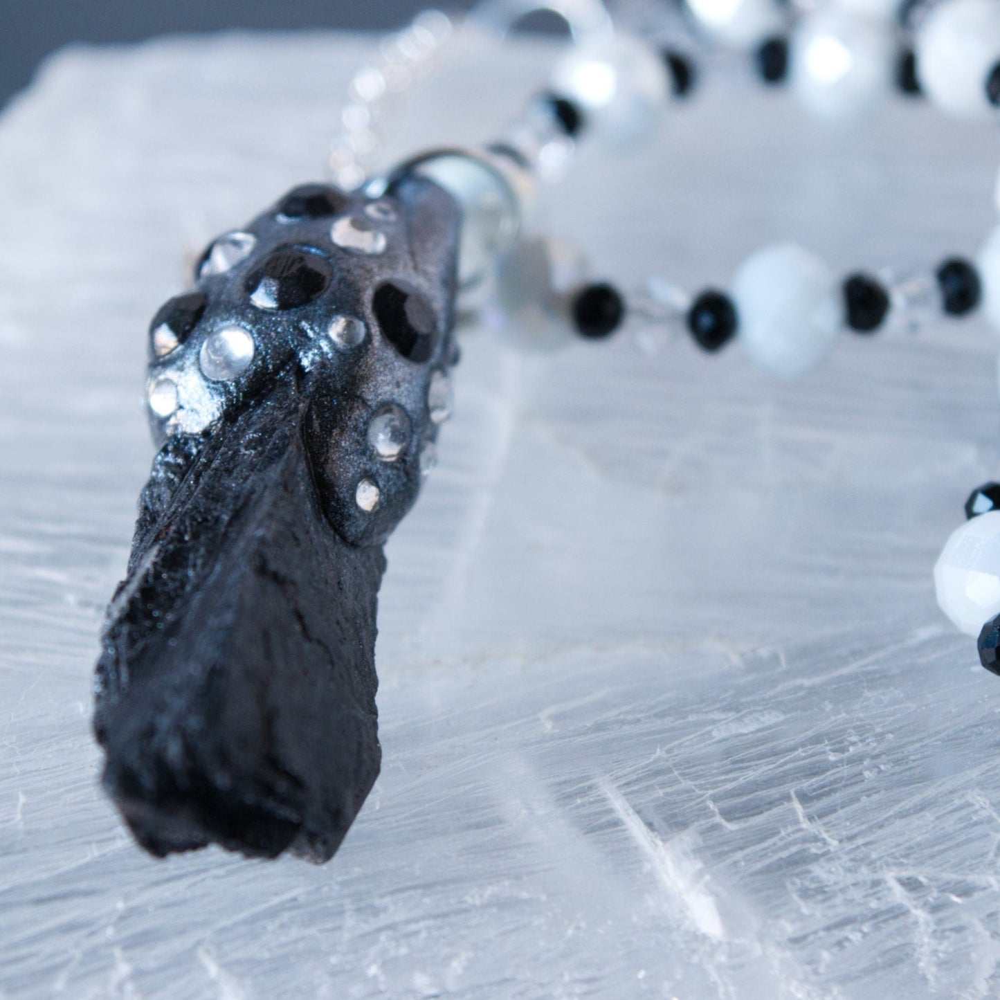 Raw Tektite and Clay Pendant Bead Necklace