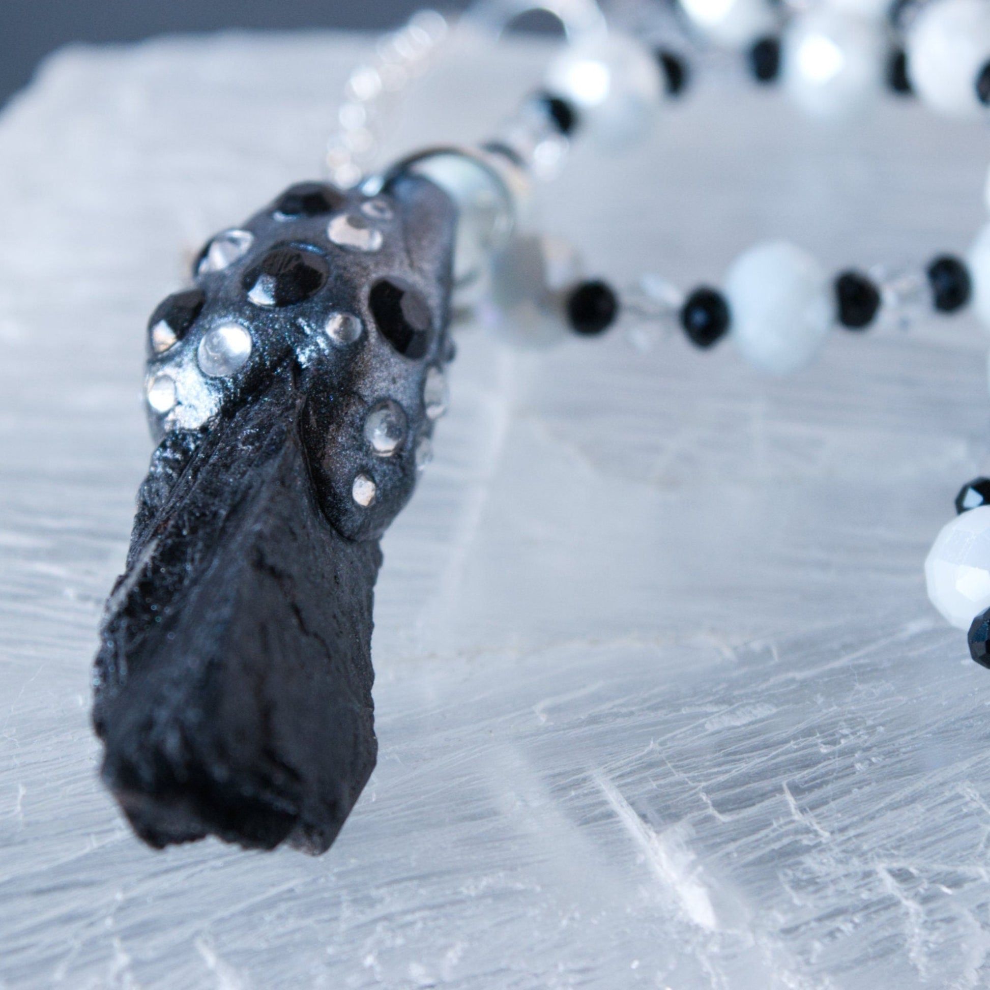Raw Tektite and Clay Pendant Bead Necklace