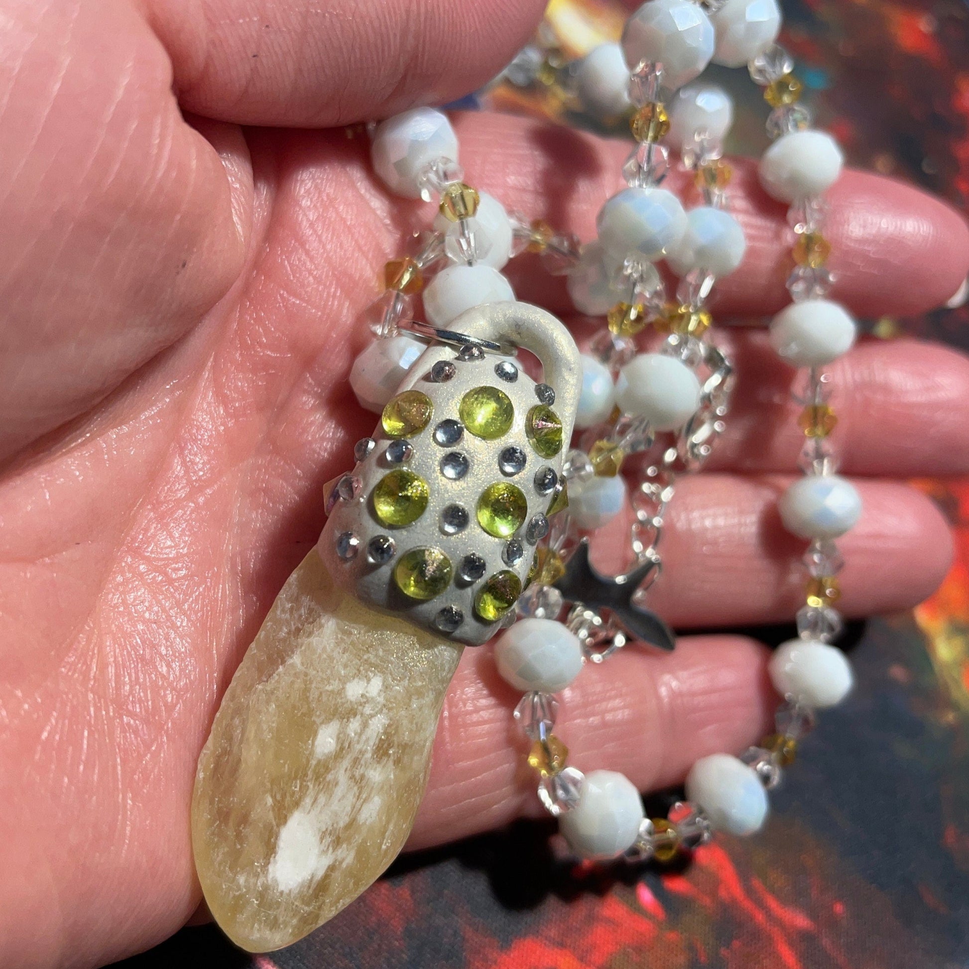 Natural Yellow Moonstone and Clay Pendant Bead Necklace