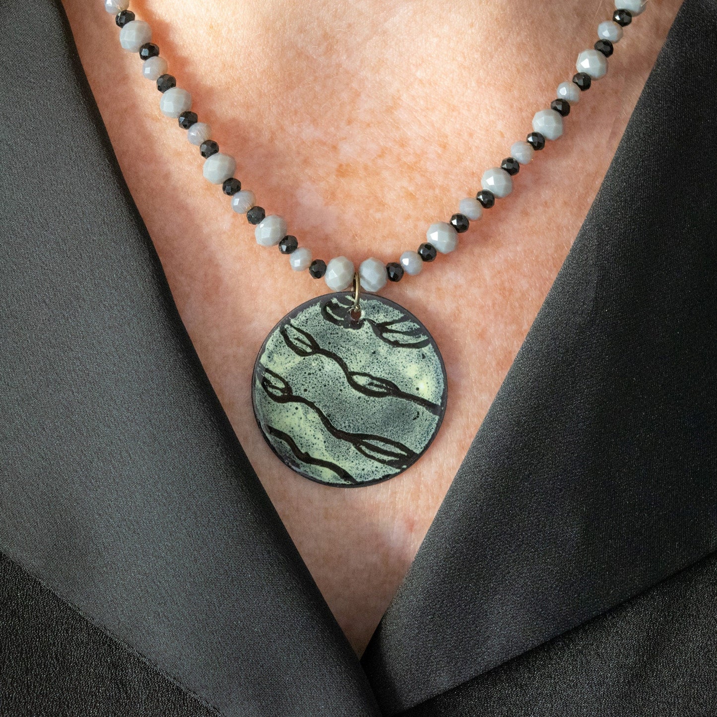 Black Etched Leaf Enamel Pendant Bead Necklace