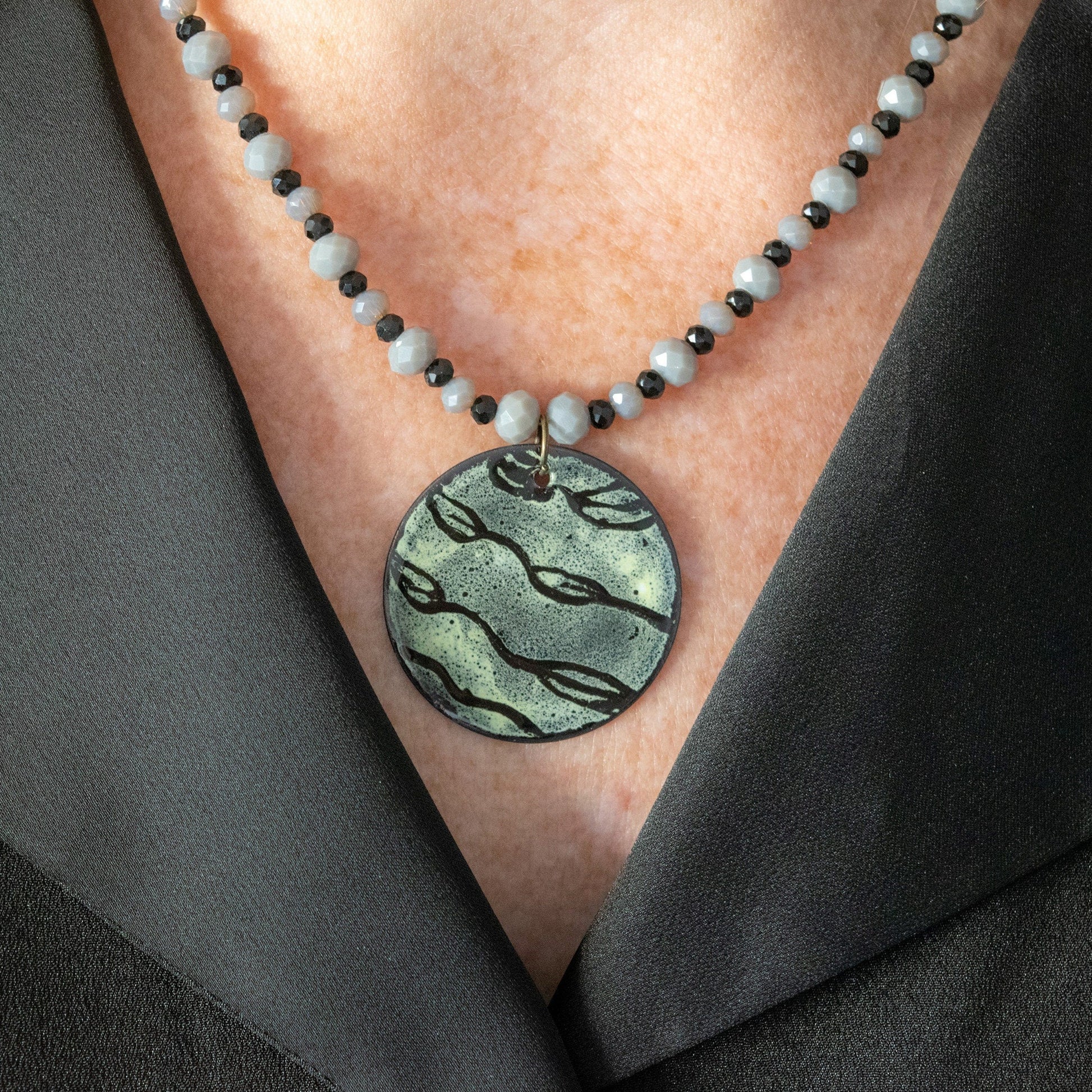 Black Etched Leaf Enamel Pendant Bead Necklace