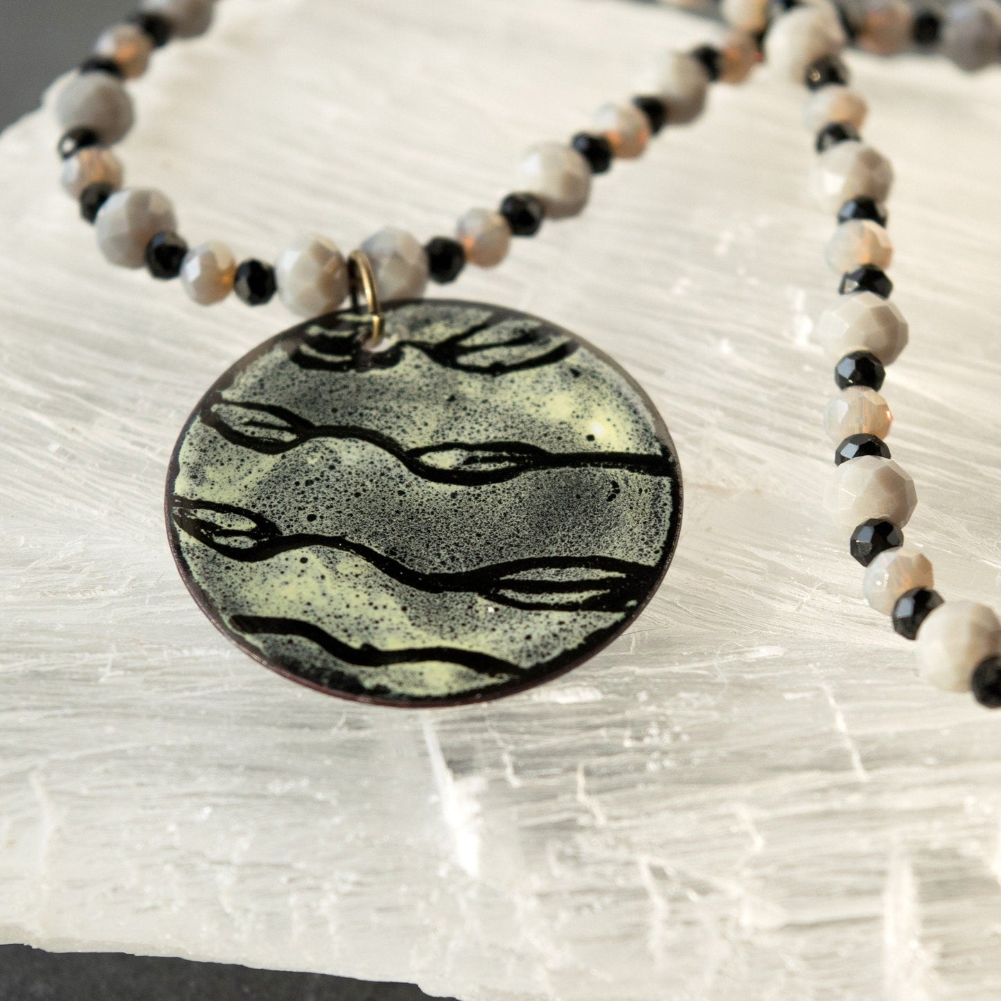 Black Etched Leaf Enamel Pendant Bead Necklace