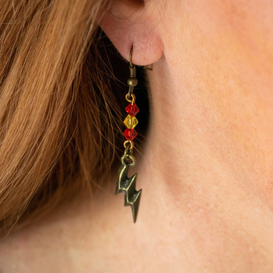 Antique Bronze and Glass Bead Lightning Bolt Earrings on model
