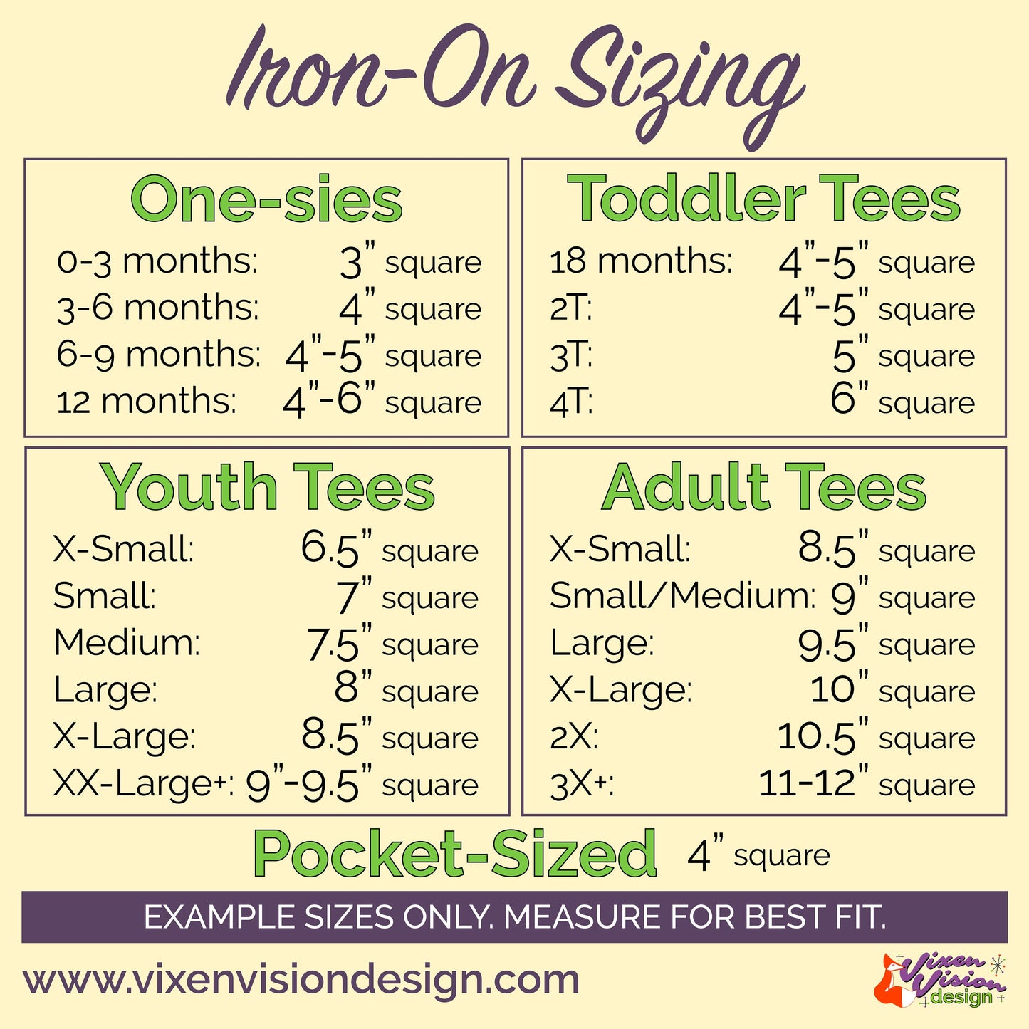 Vixen Vision Design Iron-On Sizing Chart