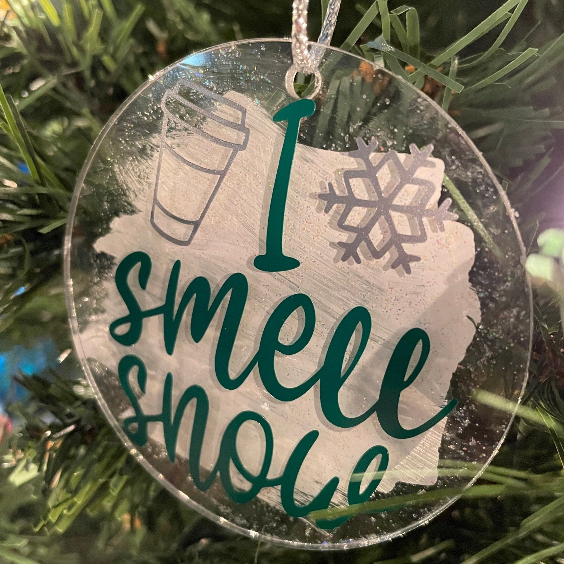 I Smell Snow Vinyl and Painted Acrylic 3" Round Christmas Ornament