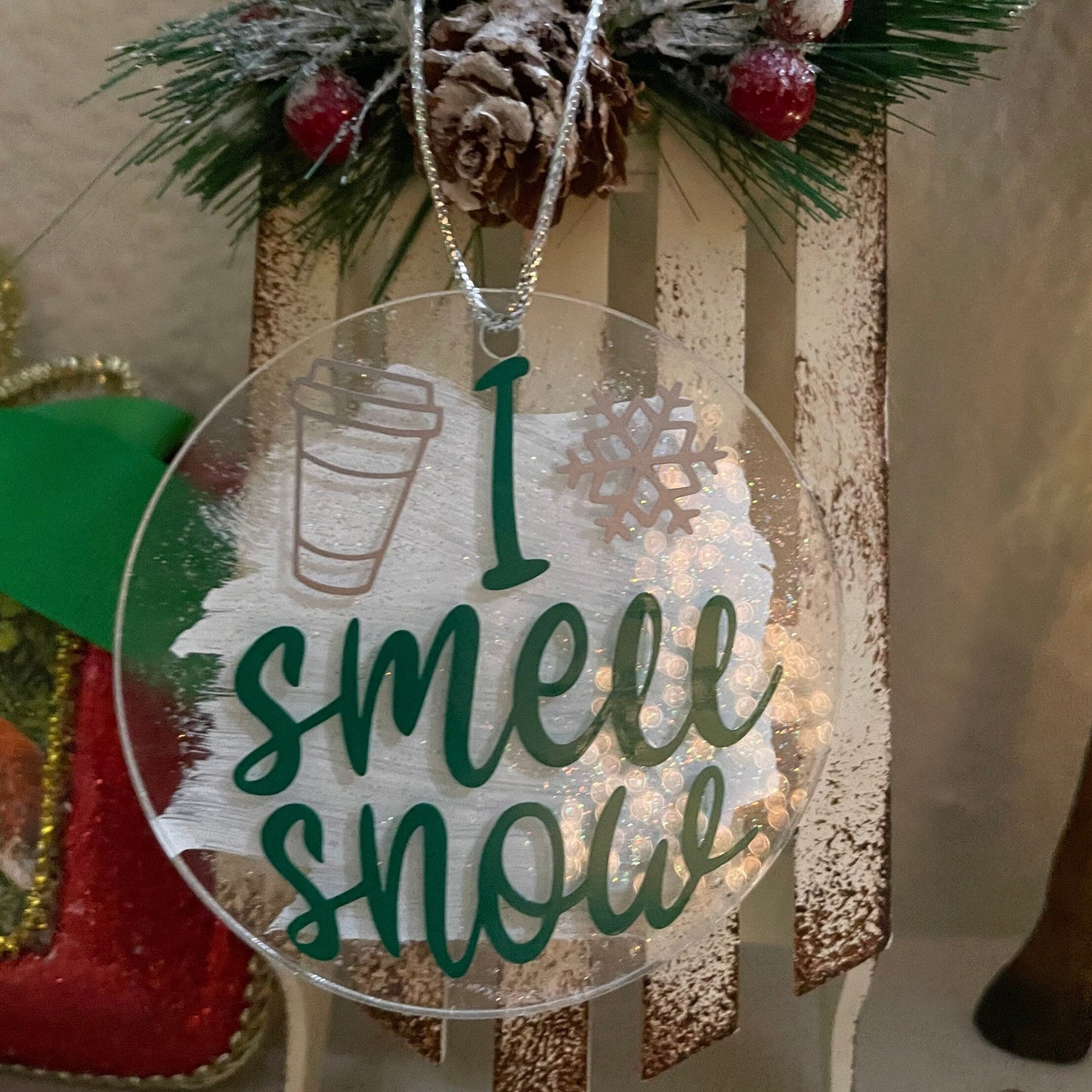 I Smell Snow Vinyl and Painted Acrylic 3" Round Christmas Ornament