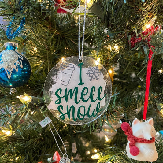 I Smell Snow Vinyl and Painted Acrylic 3" Round Christmas Ornament