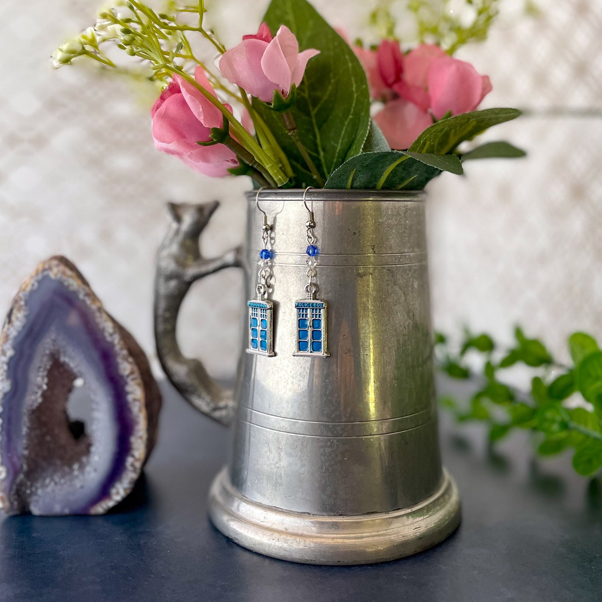 Doctor Who Police Box Enamel and Bead Earrings - Crystal and blue