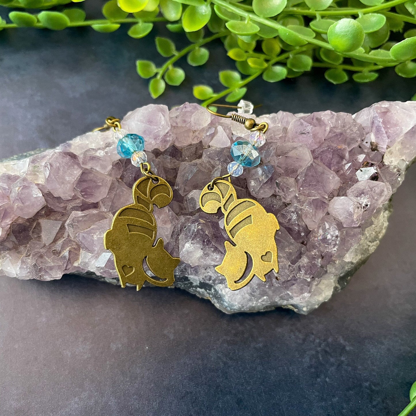 Cheshire Cat Charm and Crystal Bead Earrings Aqua