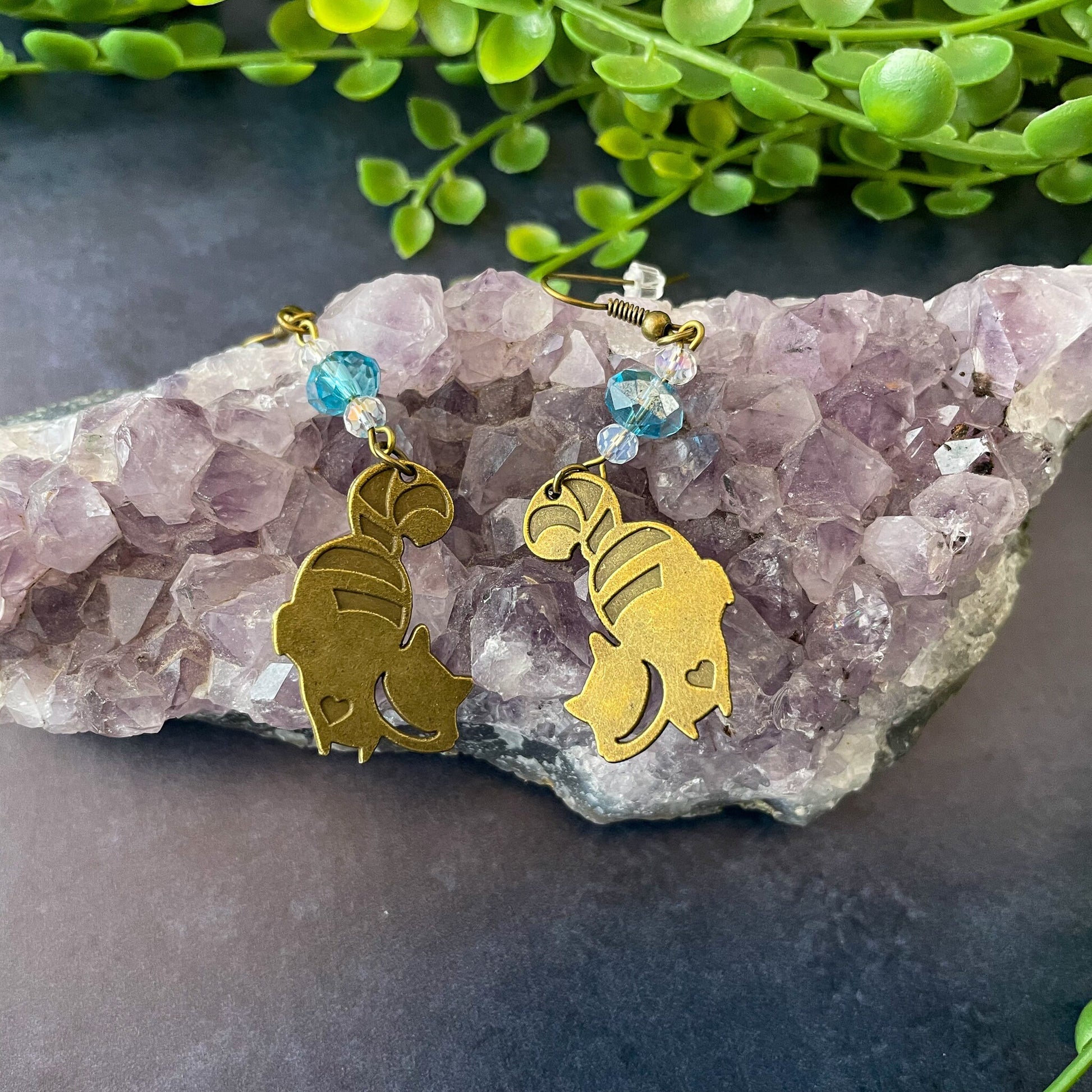 Cheshire Cat Charm and Crystal Bead Earrings Aqua