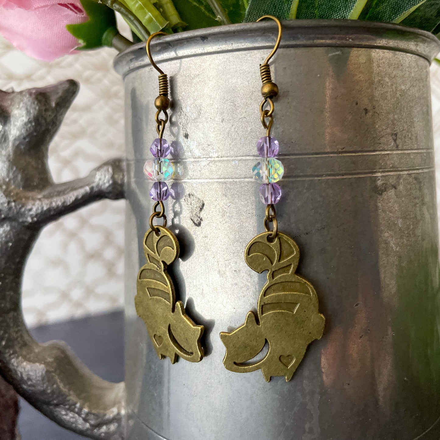 Cheshire Cat Charm and Crystal Bead Earrings Lavender