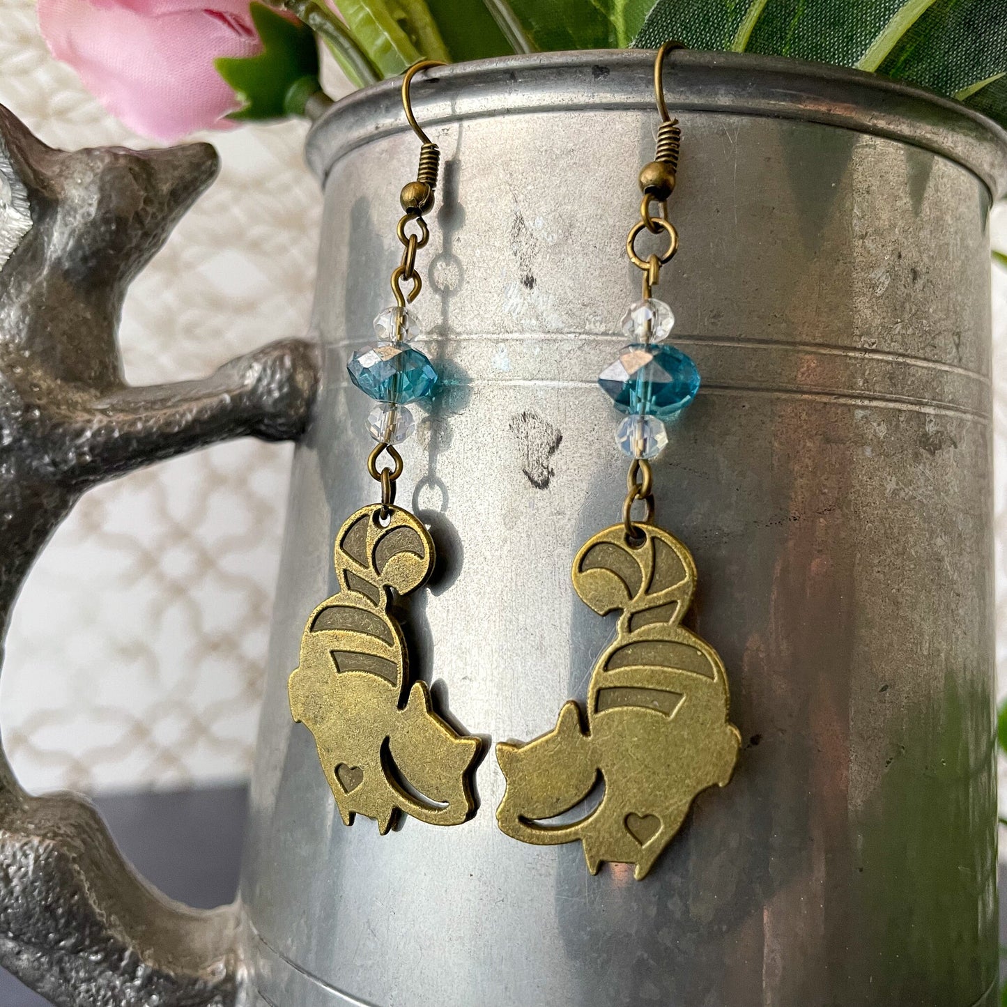 Cheshire Cat Charm and Crystal Bead Earrings Aqua