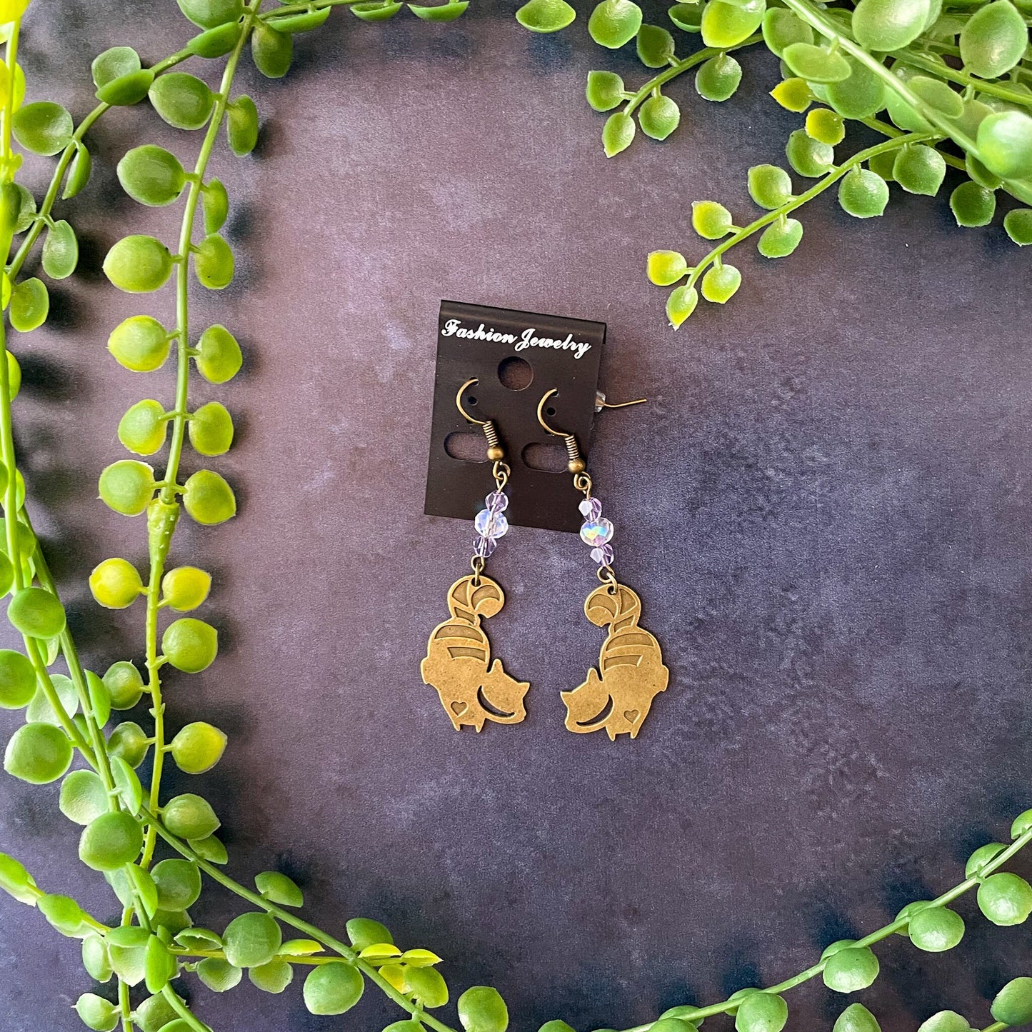 Cheshire Cat Charm and Crystal Bead Earrings Lavender on card