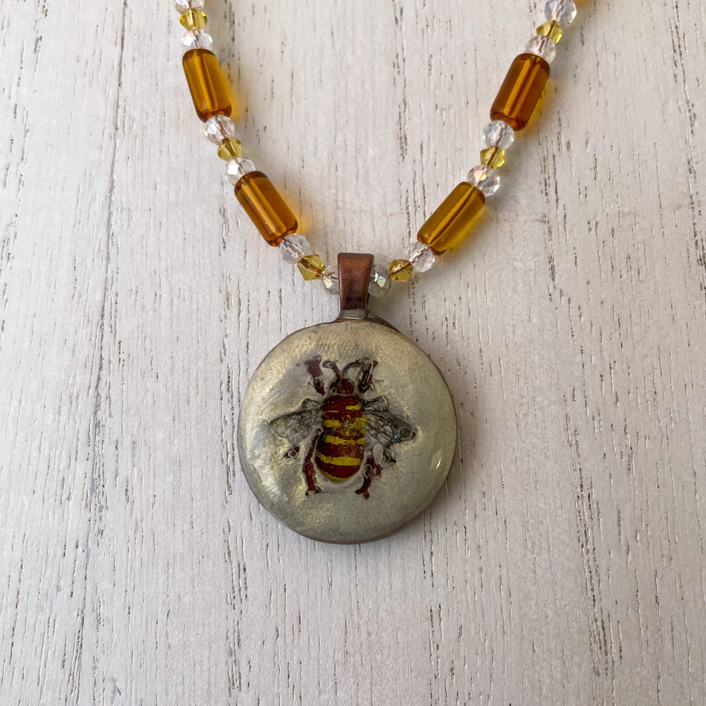 Hand Painted Bee Clay Pendant and Bead Necklace
