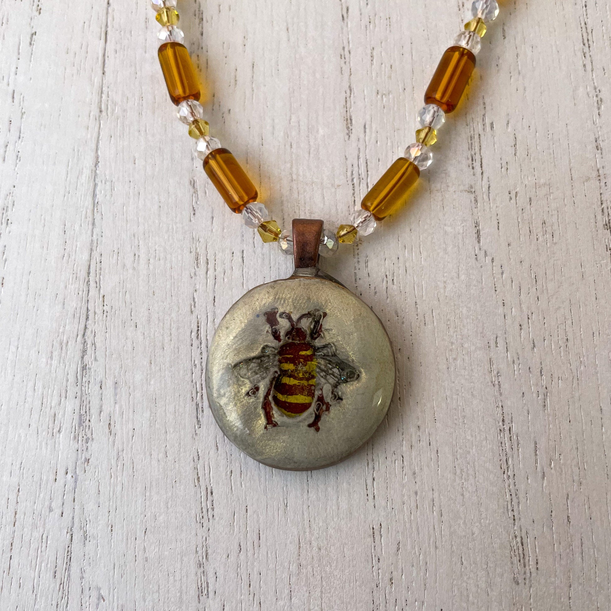Hand Painted Bee Clay Pendant and Bead Necklace