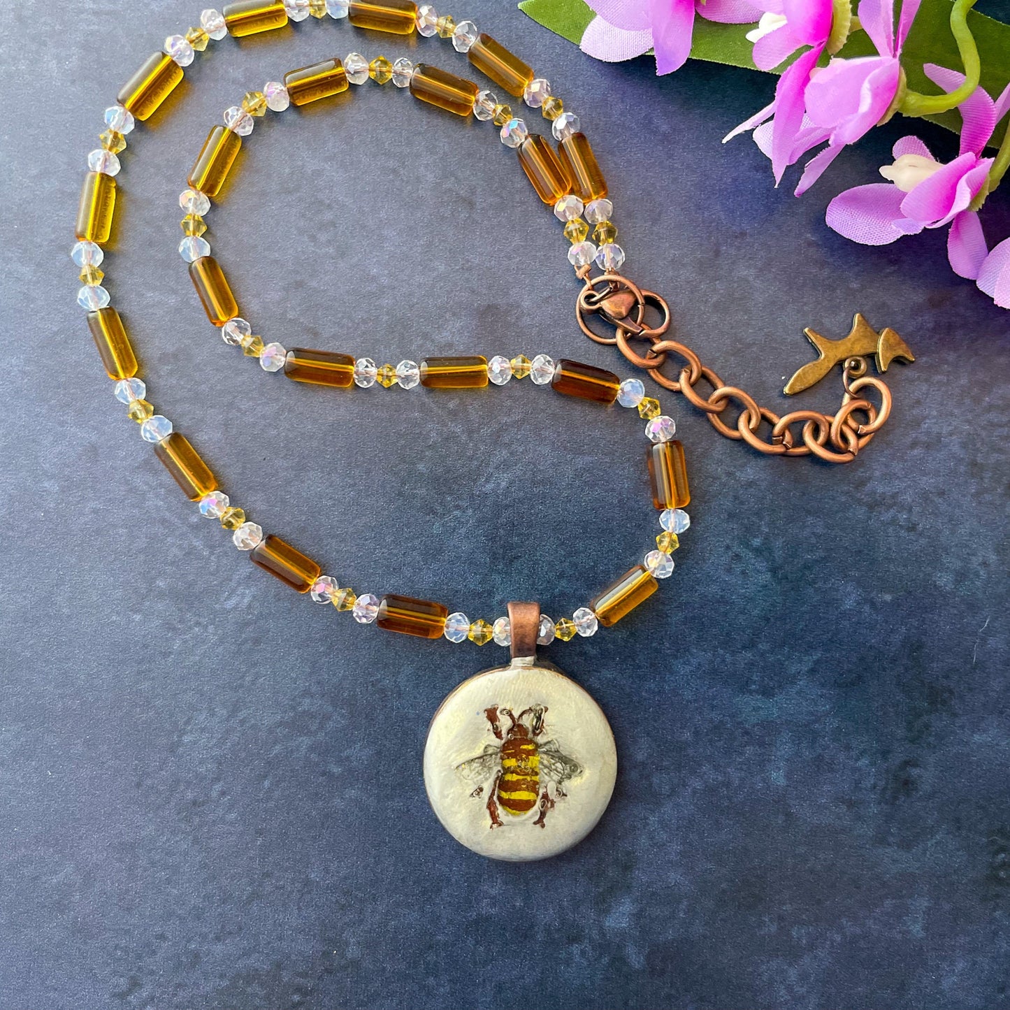 Hand Painted Bee Clay Pendant and Bead Necklace