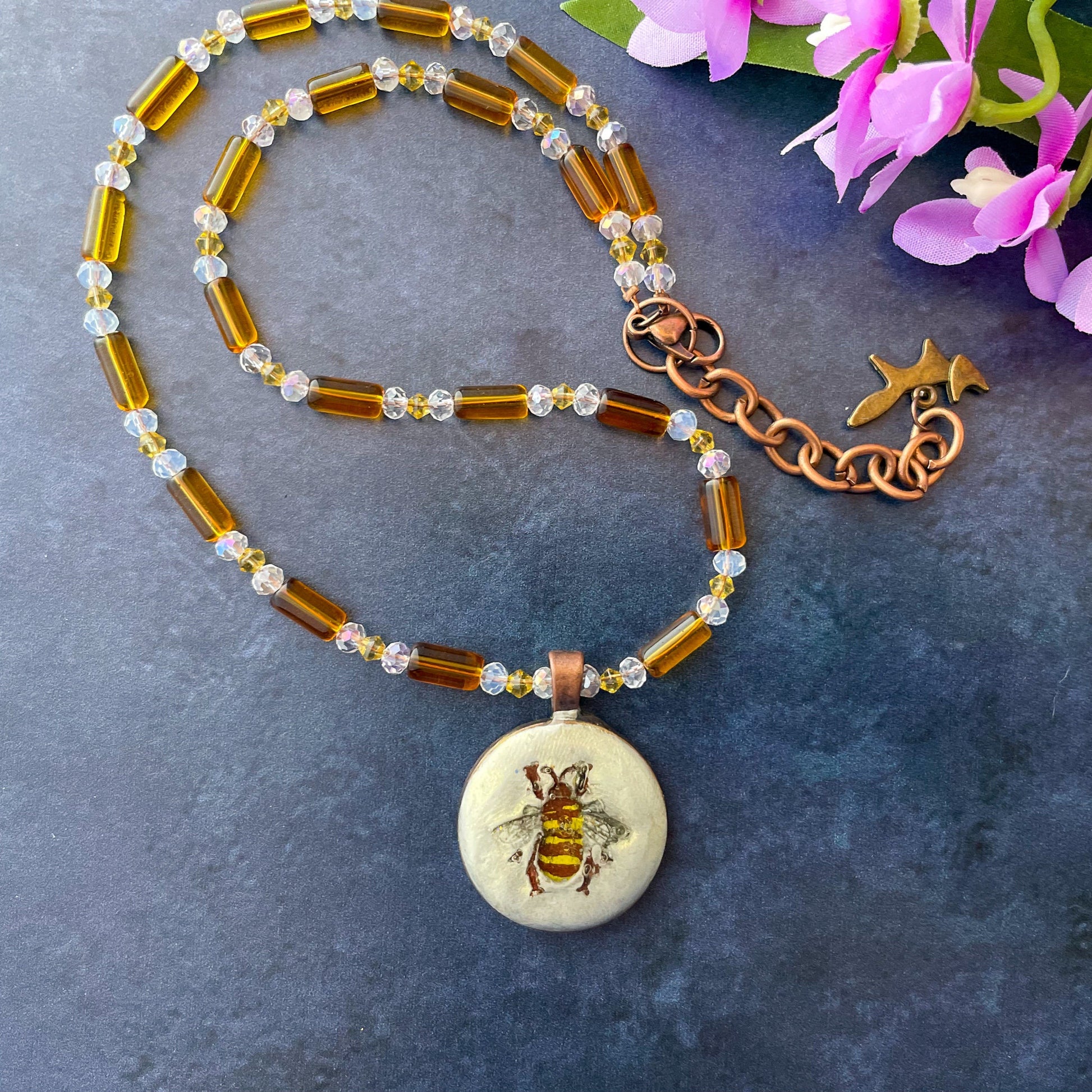 Hand Painted Bee Clay Pendant and Bead Necklace