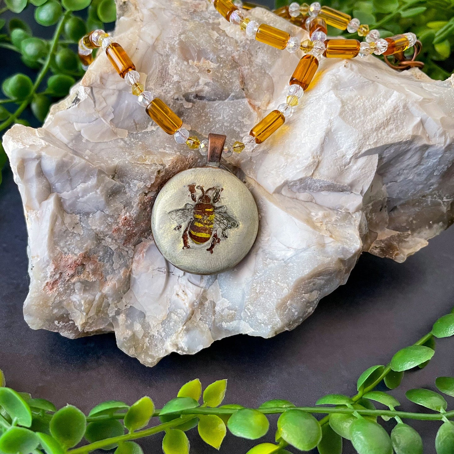 Hand Painted Bee Clay Pendant and Bead Necklace