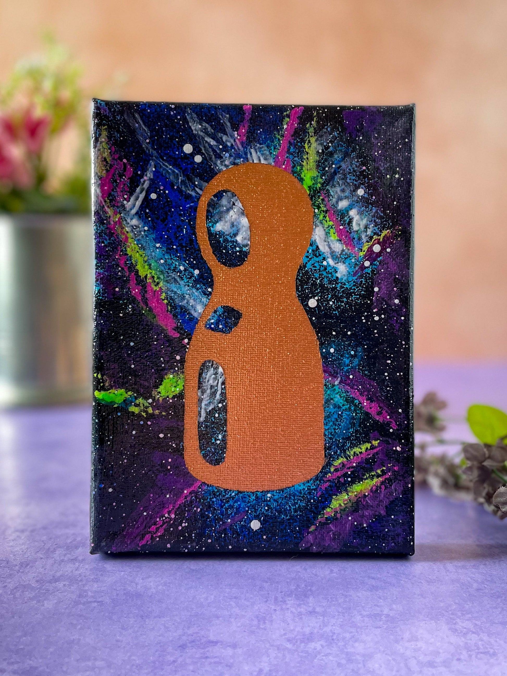 Neon Pawn Nebula 5x7 Geek Galaxy Painting on table