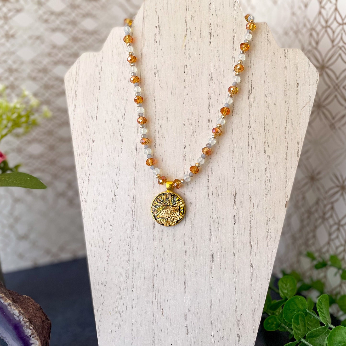 Multi-tone Foil and Gold Starburst Clay Pendant Bead Necklace