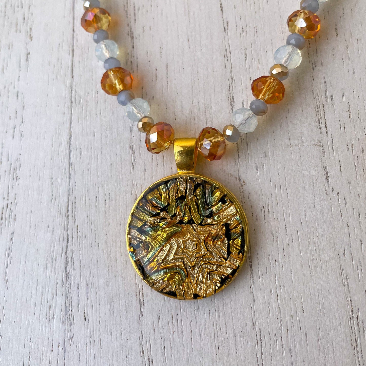 Multi-tone Foil and Gold Starburst Clay Pendant Bead Necklace