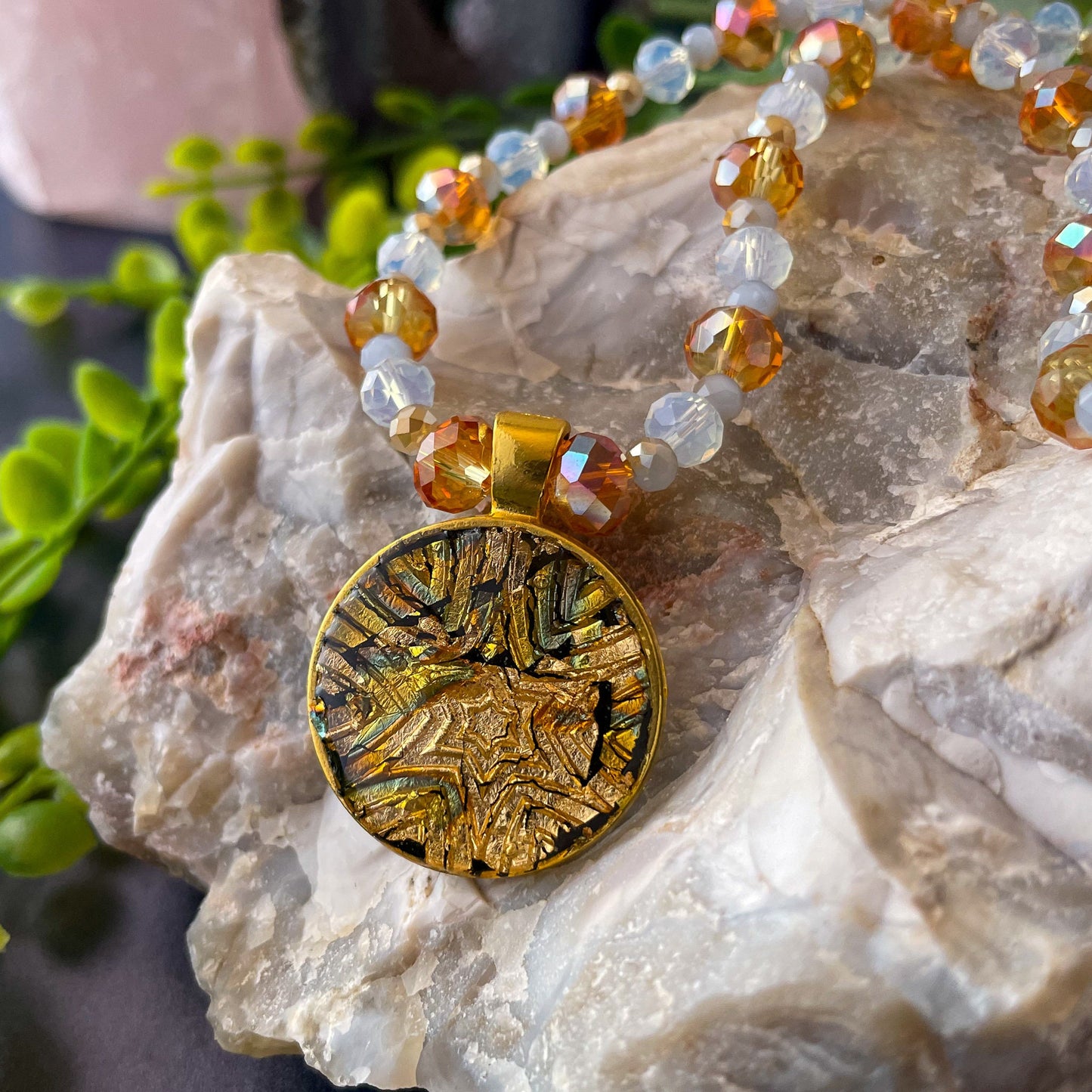 Multi-tone Foil and Gold Starburst Clay Pendant Bead Necklace