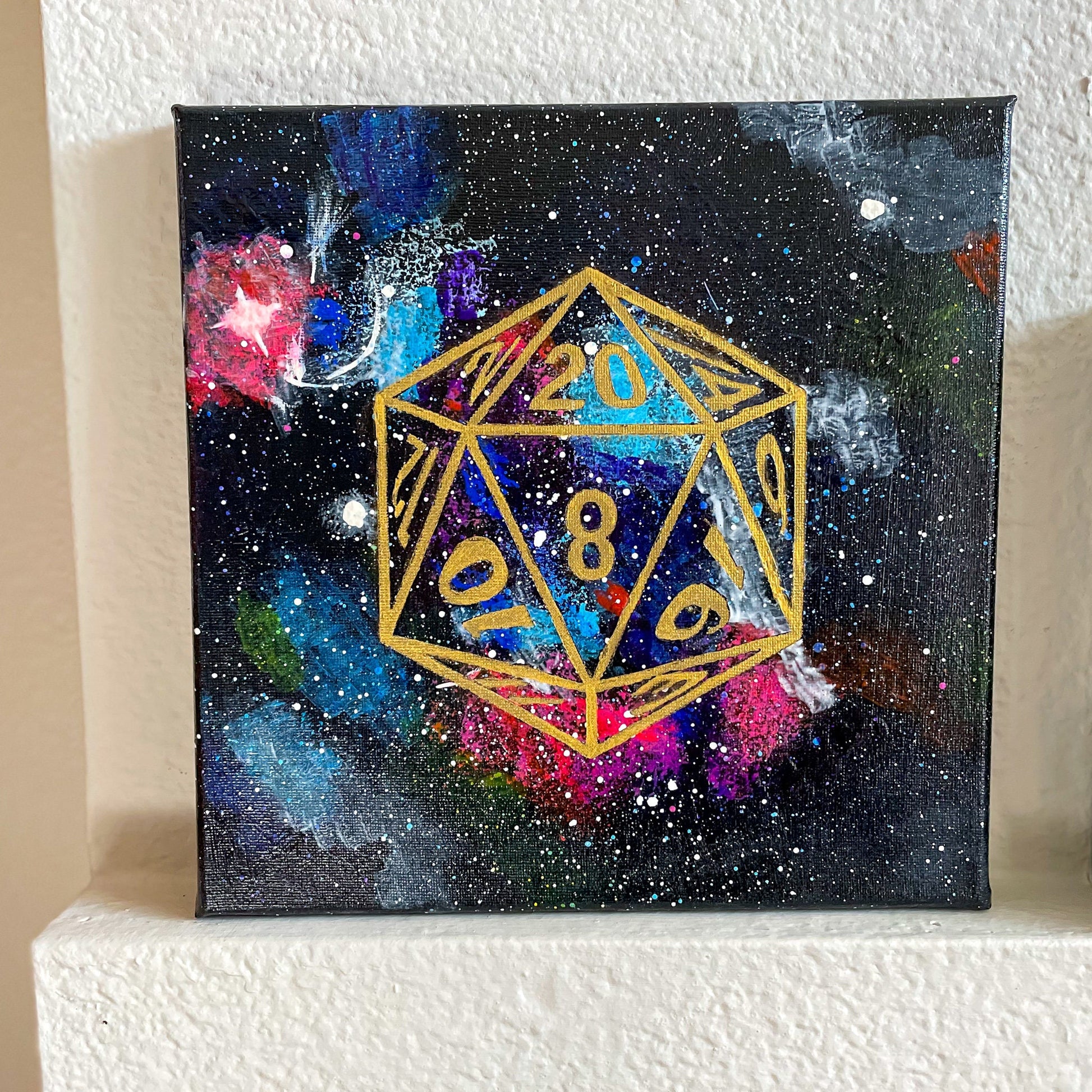 D20 Orion Nebula 10x10 Geek Galaxy Painting on shelf
