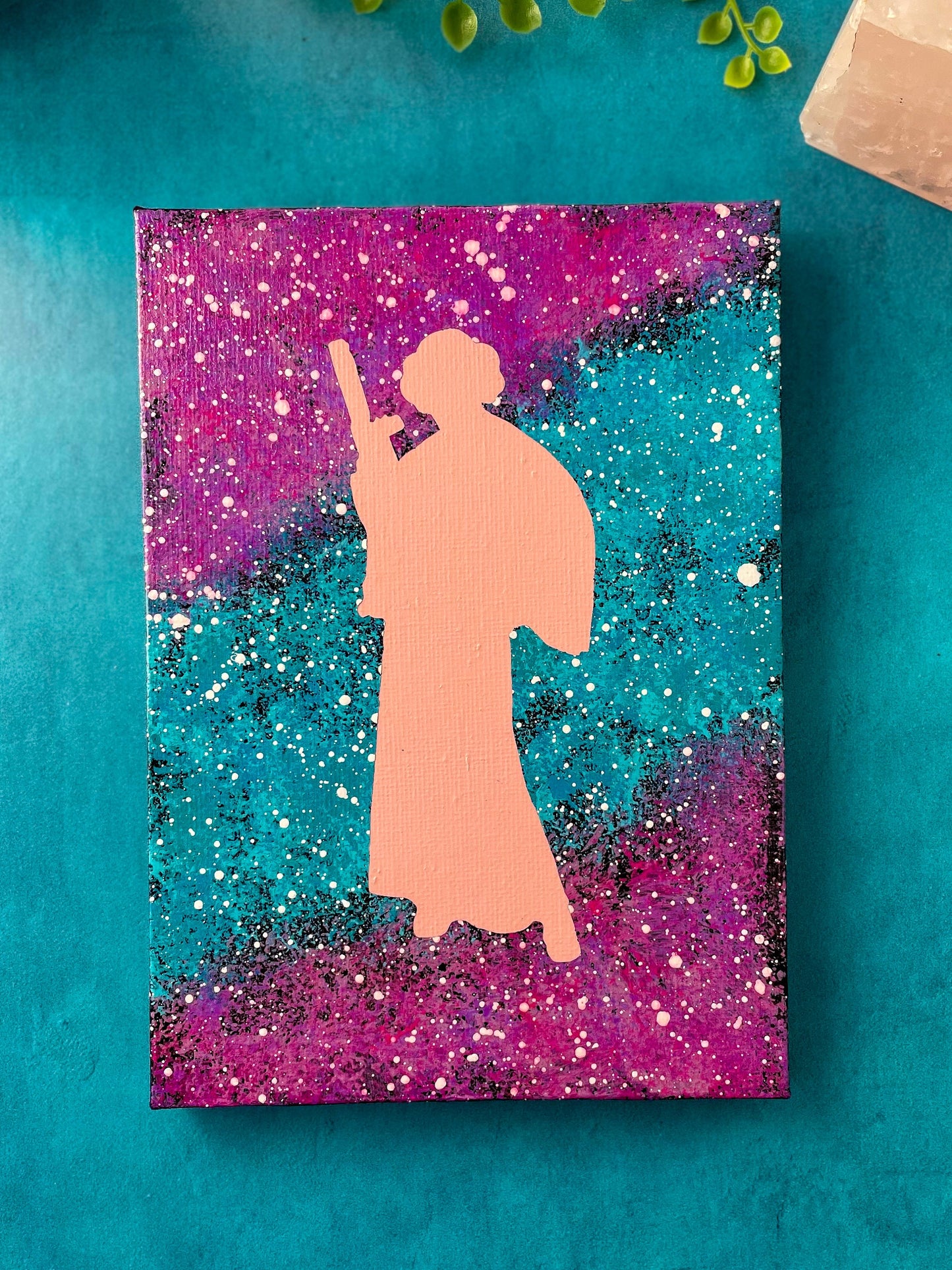 Peachy Princess Leia Purple and Teal Nebula 5x7 Geek Galaxy Painting