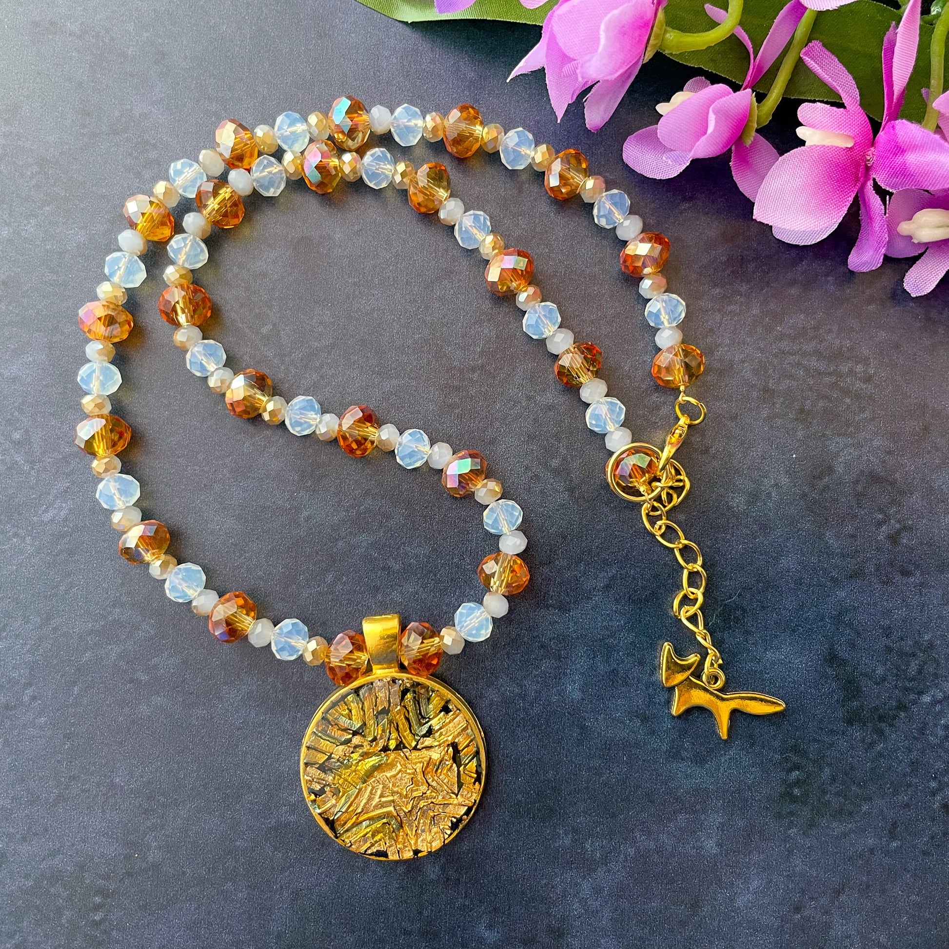 Multi-tone Foil and Gold Starburst Clay Pendant Bead Necklace