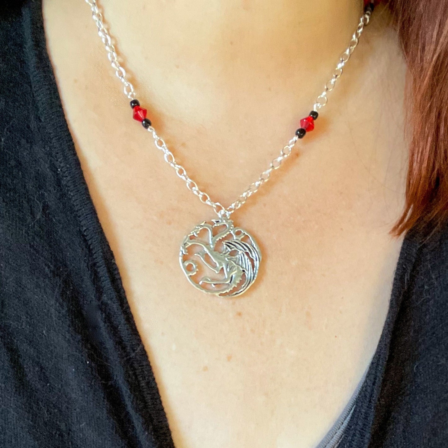 House Targaryen Dragon Bead Necklace - bicone red beads on model