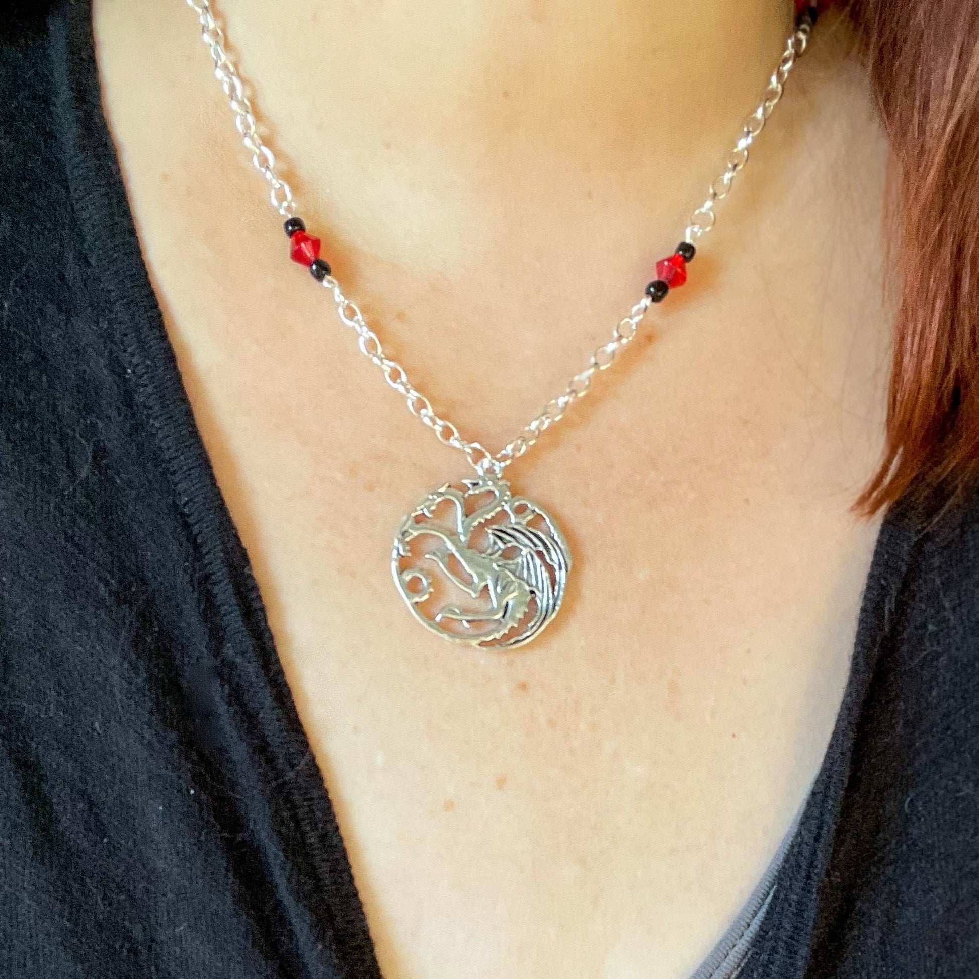 House Targaryen Dragon Bead Necklace - bicone red beads on model