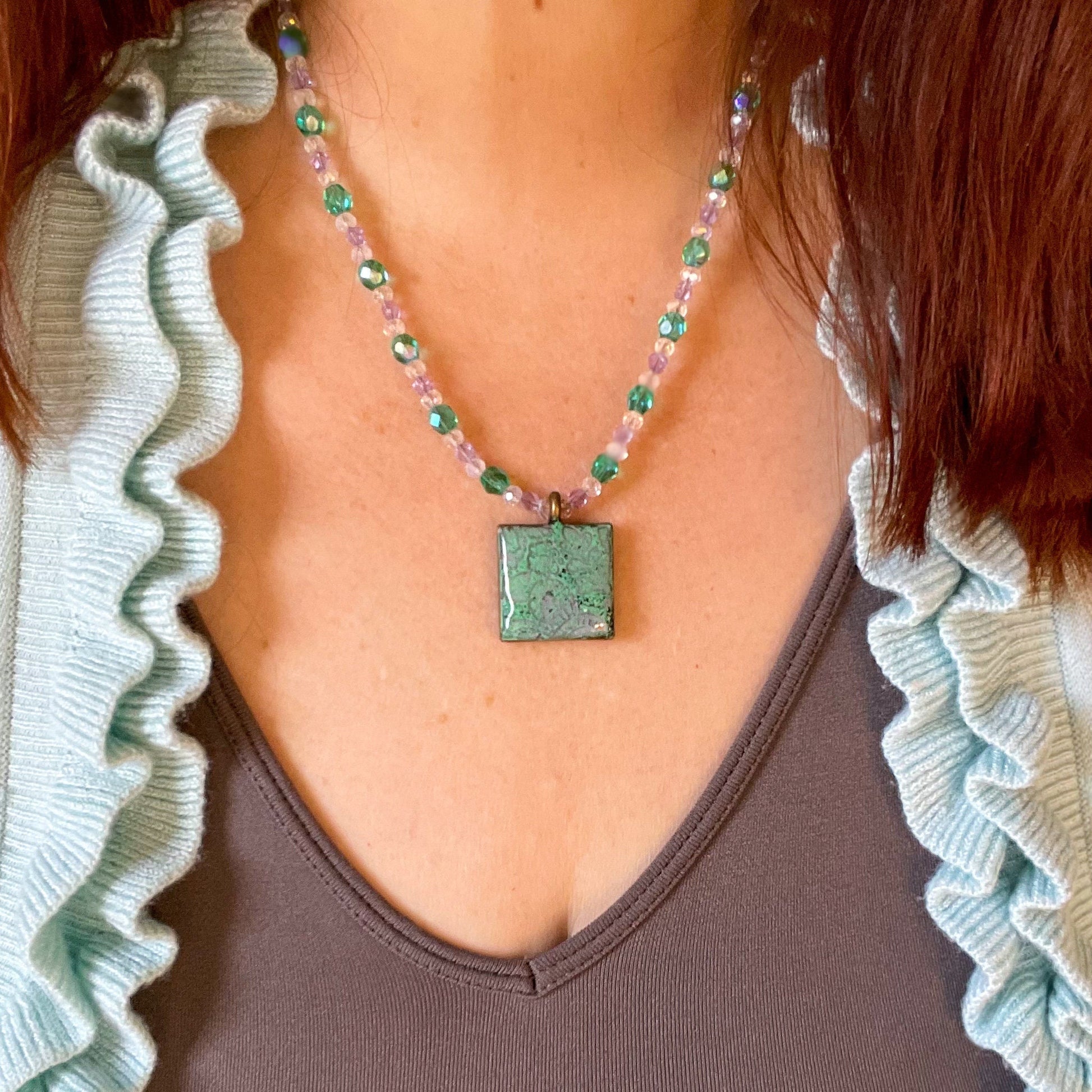 Aqua and Lavender Paisley Clay Pendant Bead Necklace on model