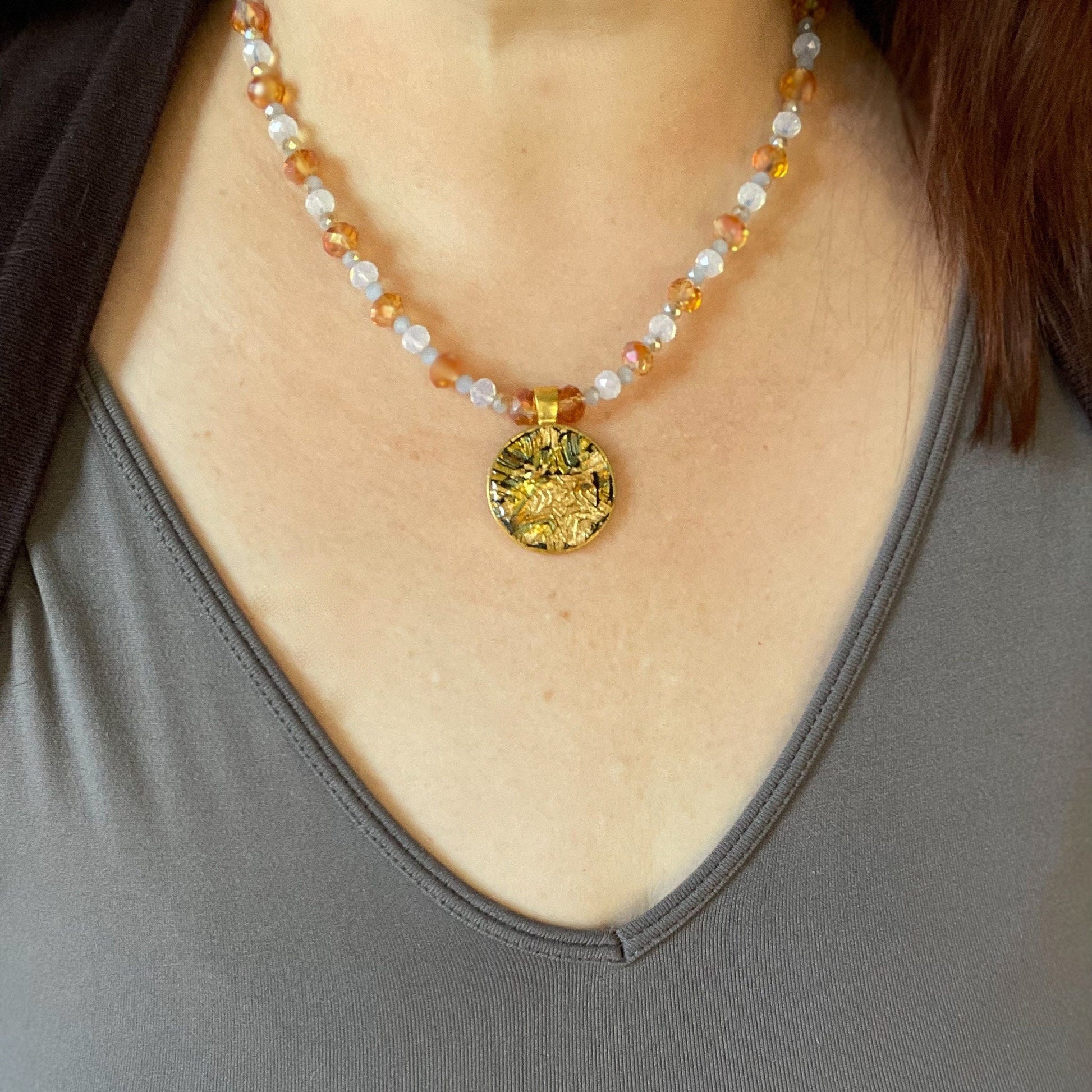 Multi-tone Foil and Gold Starburst Clay Pendant Bead Necklace