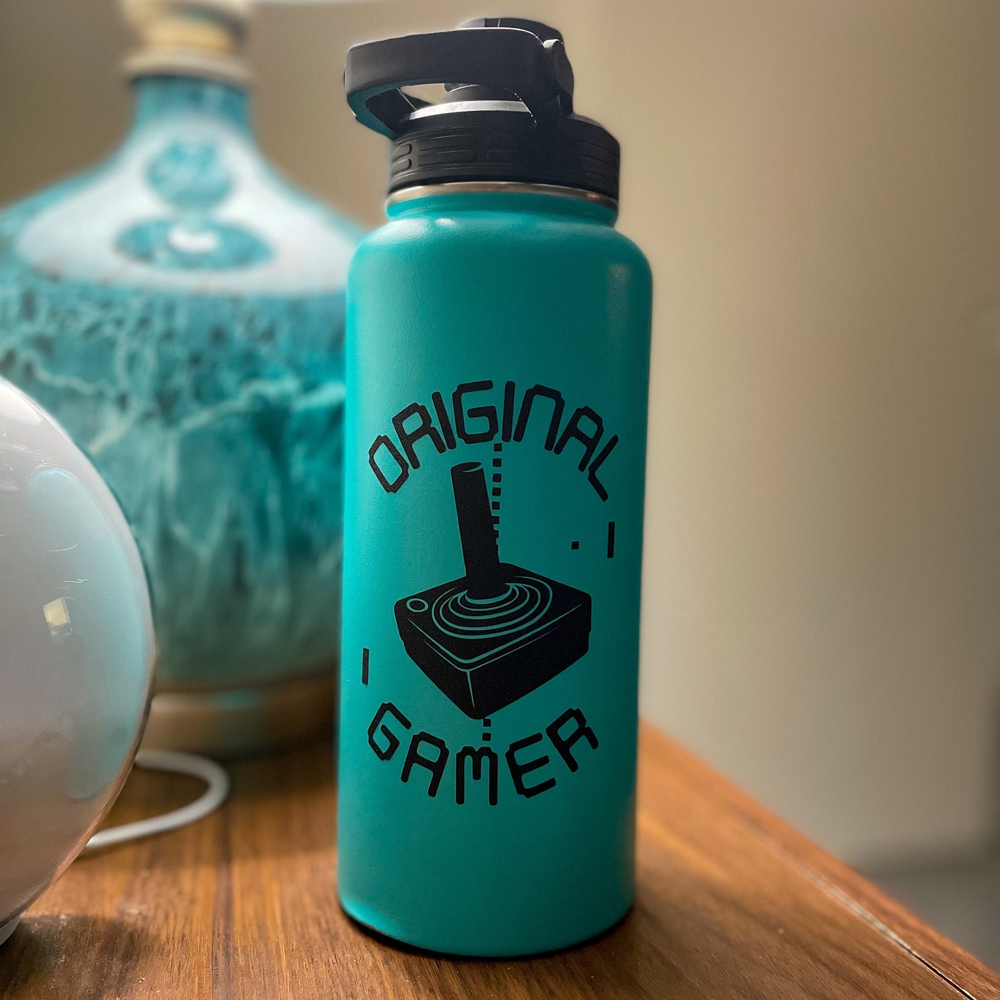 Original Gamer Geek Vinyl Decal on water bottle