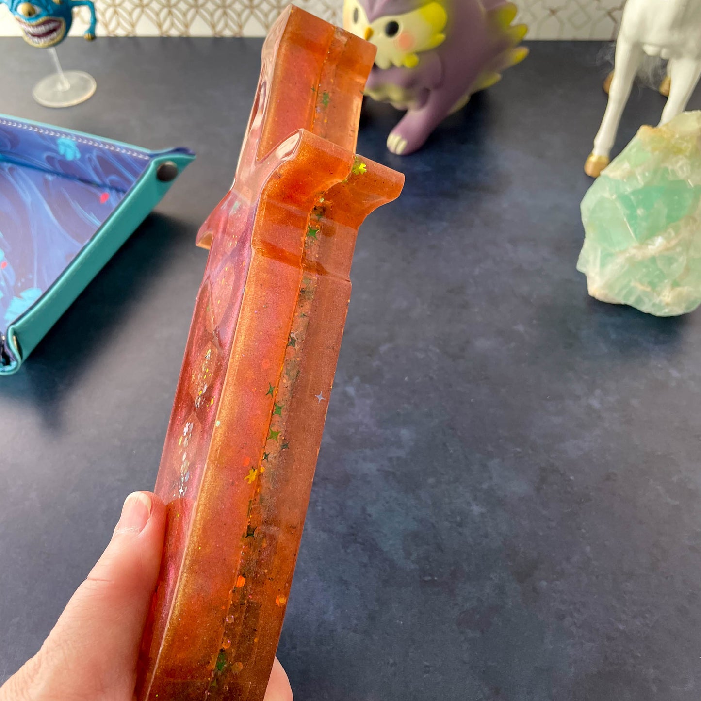 Lucky Green and Gold Dagger Dice Box in hand