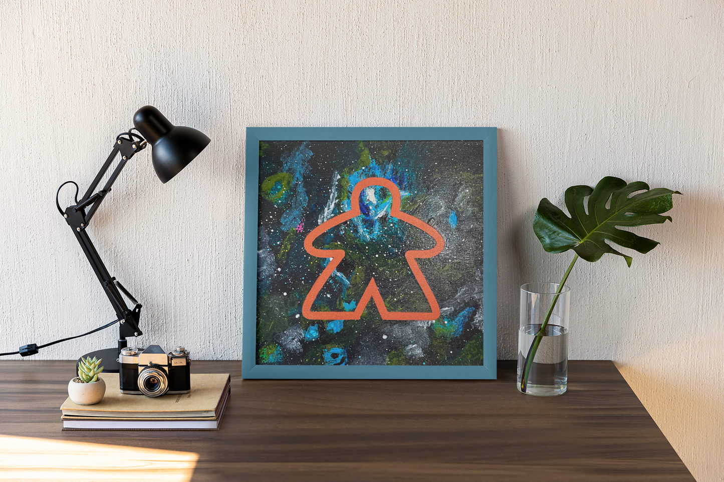 Meeple Tarantula Nebula 10x10 Geek Galaxy Painting framed on desk