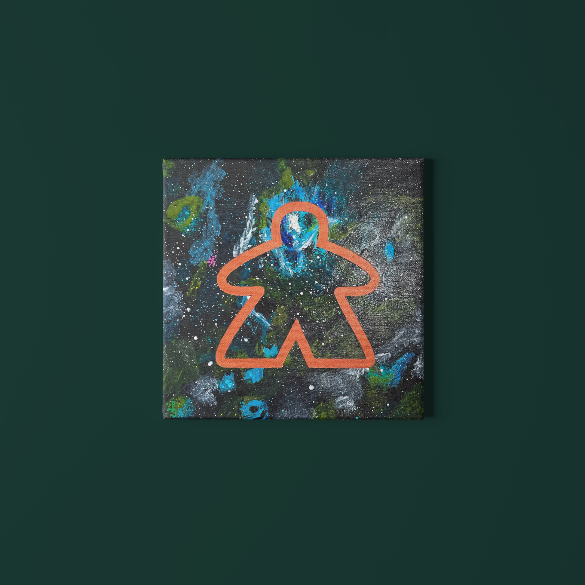 Meeple Tarantula Nebula 10x10 Geek Galaxy Painting hanging on dark green wall