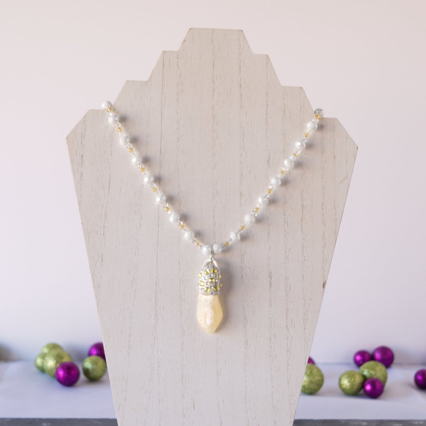 Natural Yellow Moonstone and Clay Pendant Bead Necklace