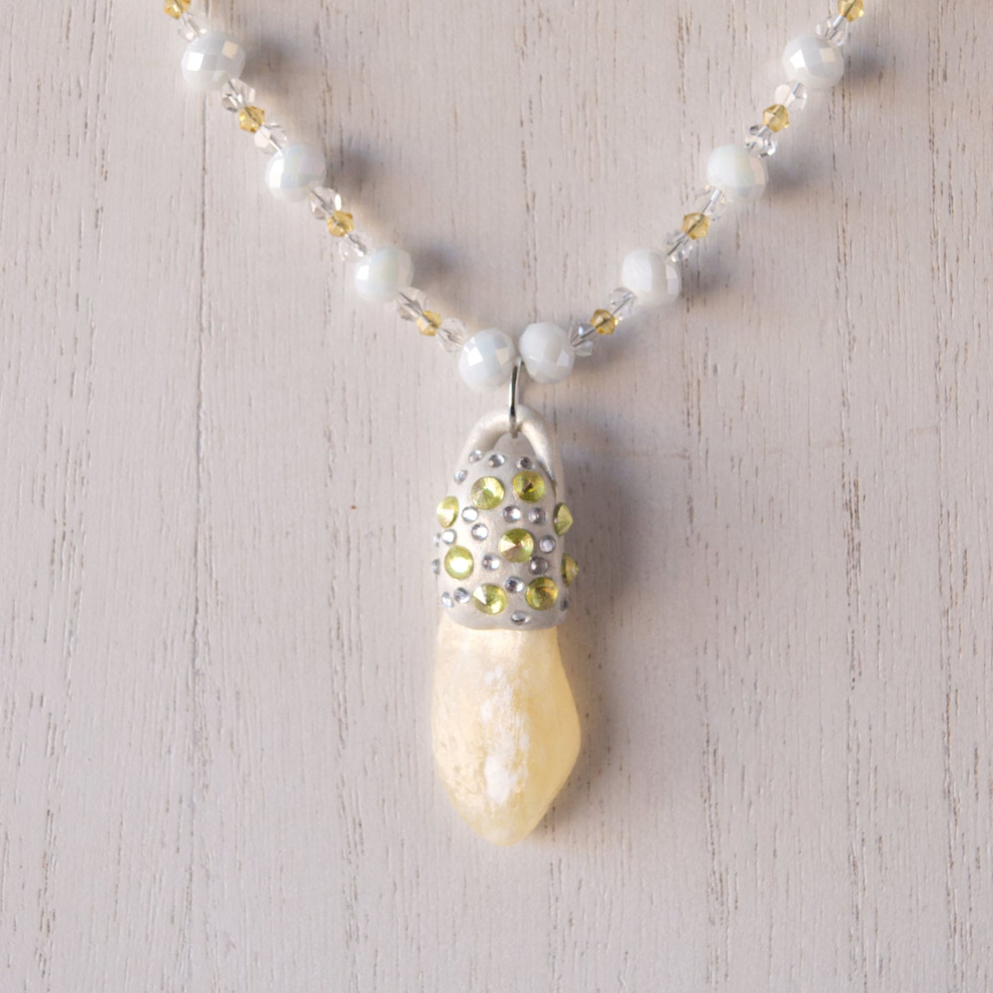 Natural Yellow Moonstone and Clay Pendant Bead Necklace